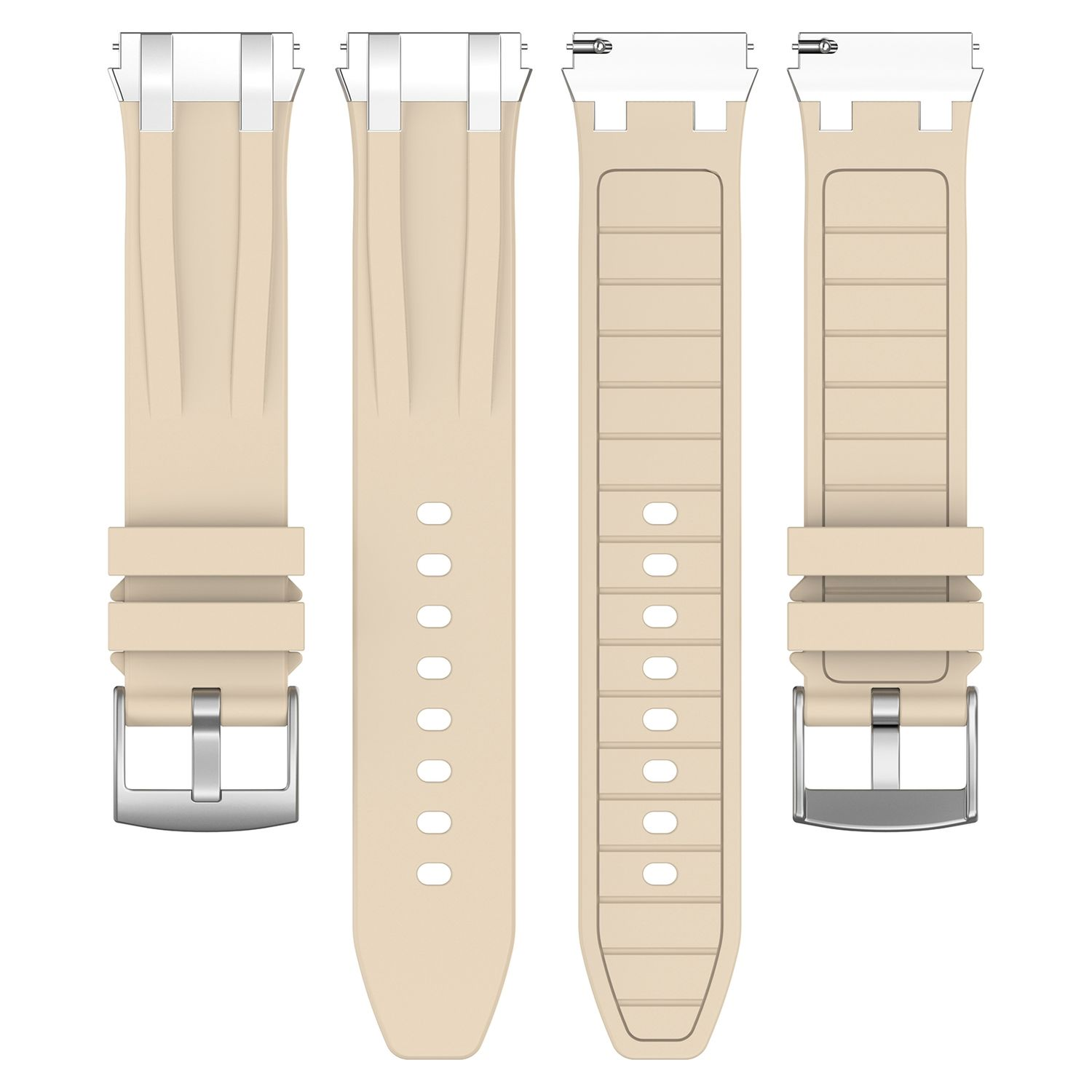 Beige Smartwatch-Armbänder. Mehrere Armbänder mit Schnallen und Anschlüssen.