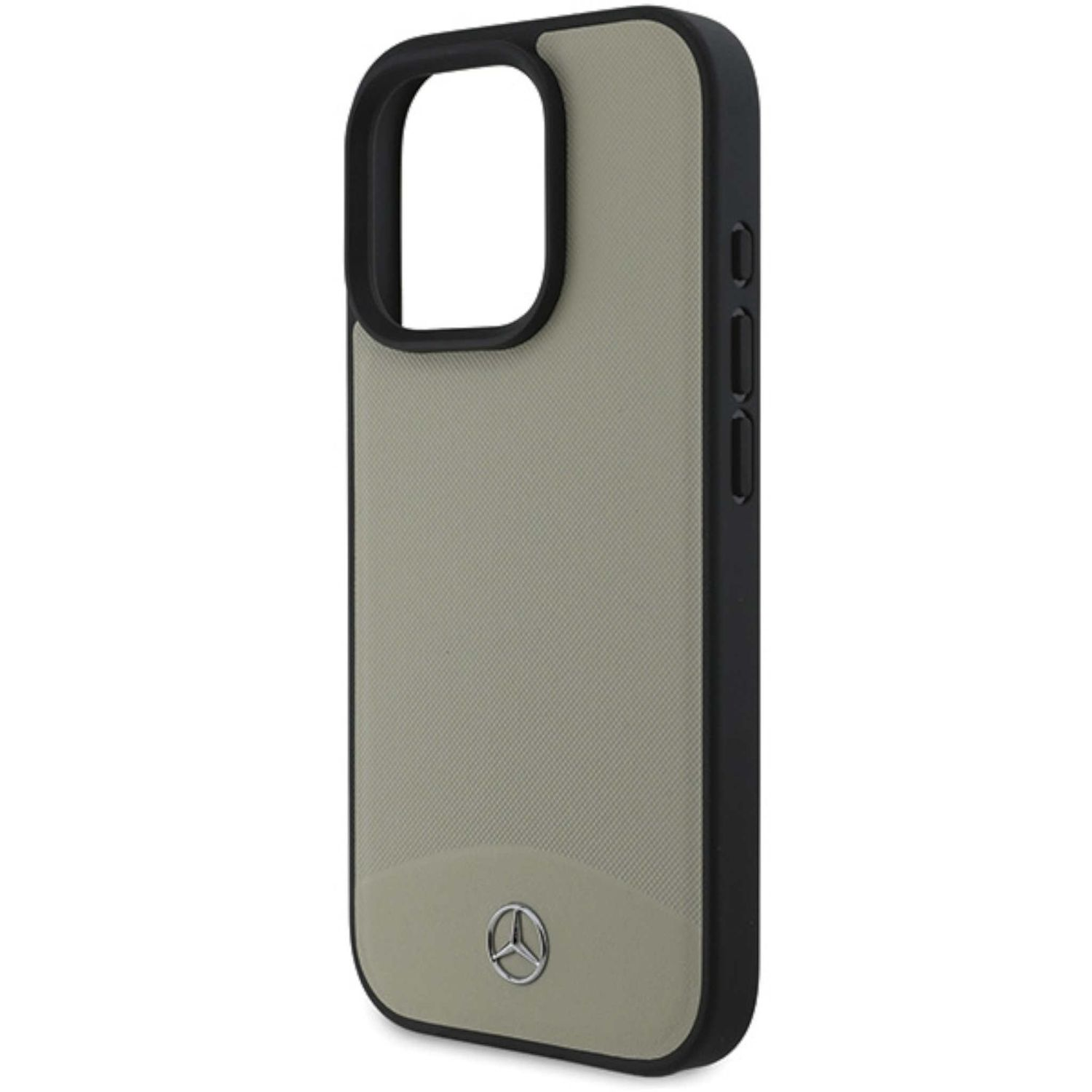 Custodia per telefono verde oliva con bordo nero e logo Mercedes-Benz.