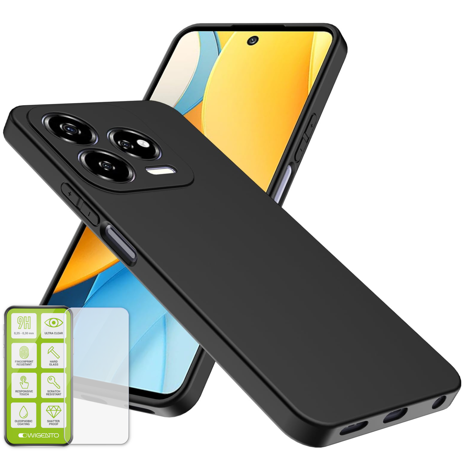 Schwarzes Smartphone mit Schutzhülle und Displayschutzfolie. Symbole für Schutzfunktionen werden unten angezeigt.