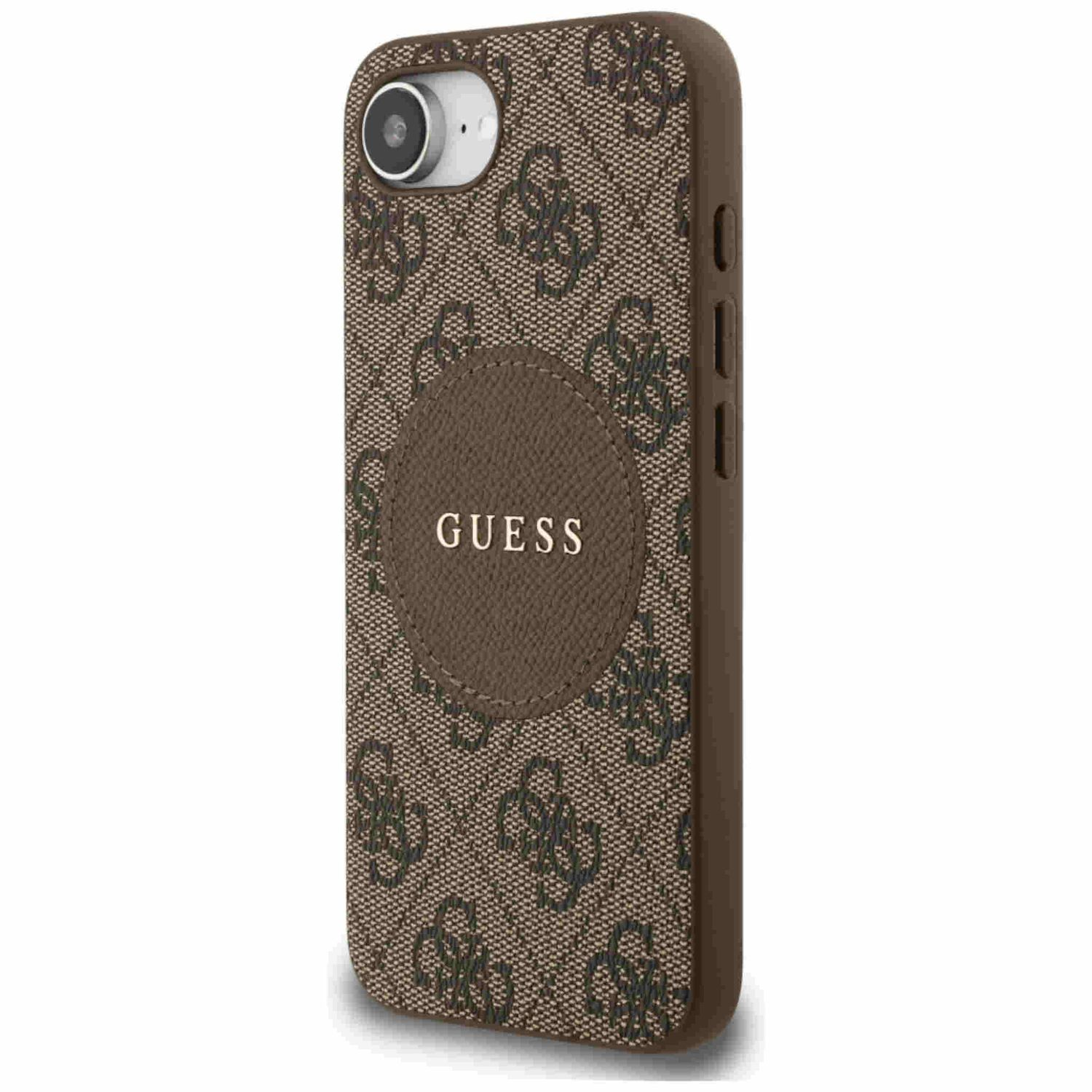 Braune Handyhülle mit Guess-Logo-Muster und Guess-Logo. Die Kamera ist sichtbar.