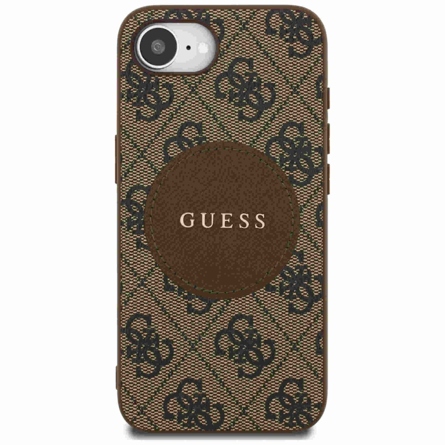 Braune Handyhülle mit Guess-Logo, rundem Pop-up-Griff und Kameralinse.