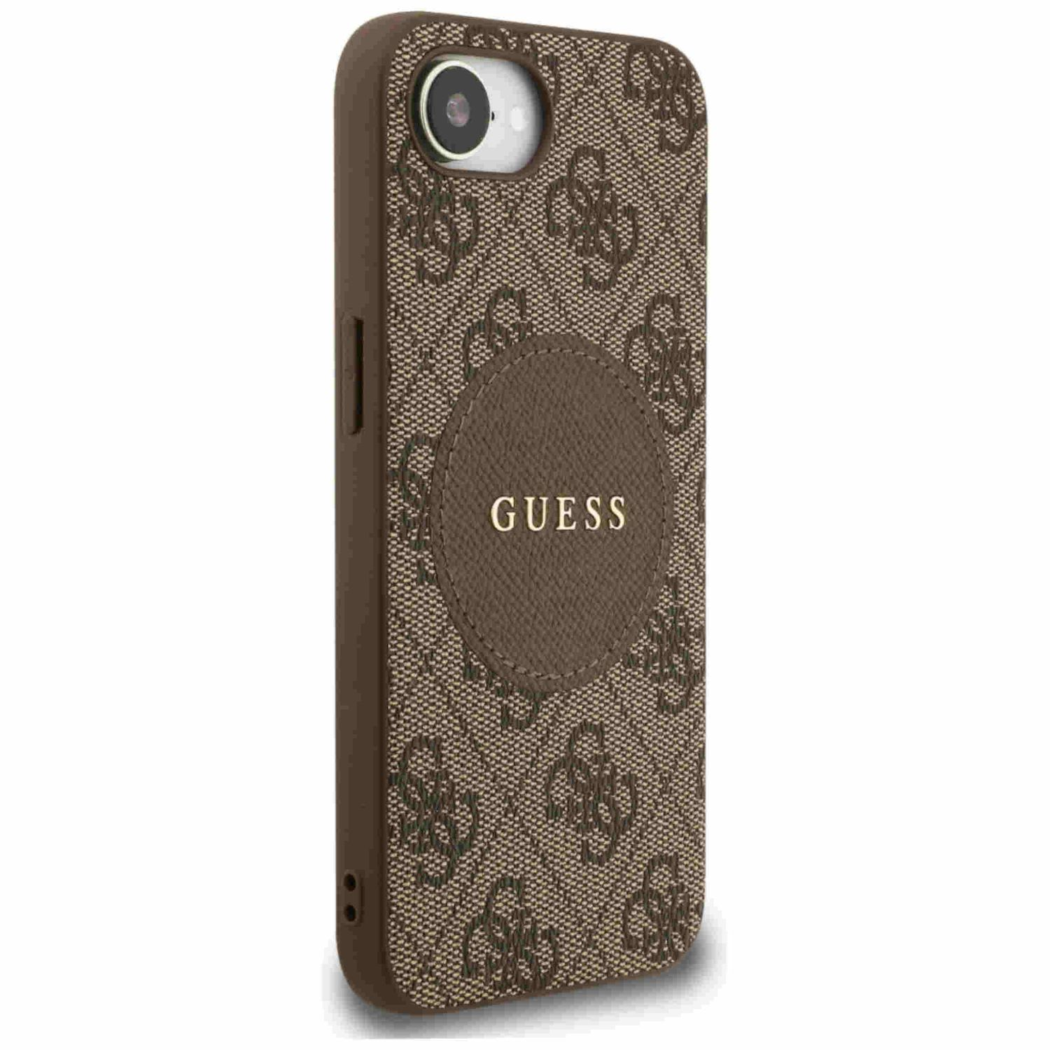 Braune Handyhülle mit Guess-Logo. Die Hülle hat ein gemustertes Design und eine Kameraöffnung.