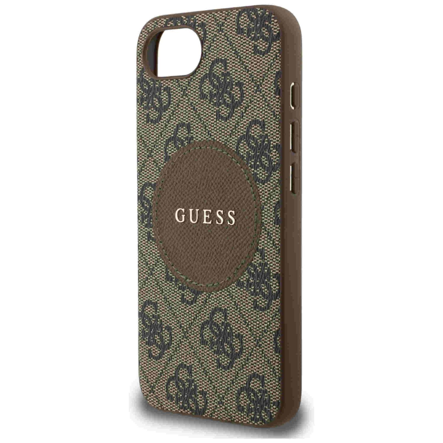 Eine Handyhülle mit einem sich wiederholenden Guess-Muster. Das Guess-Logo ist zu sehen.