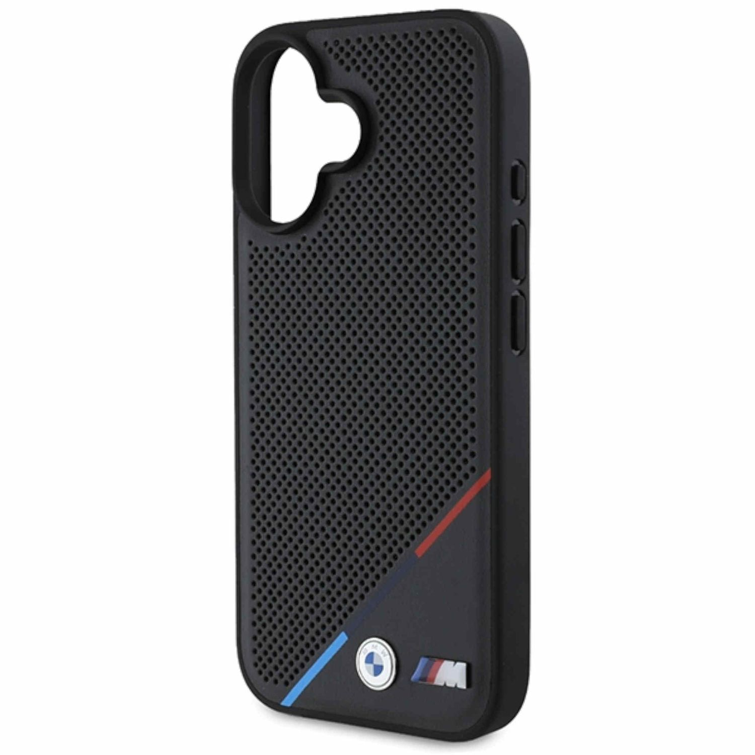 Custodia nera per telefono con logo BMW, design angolare con strisce rosse e blu.