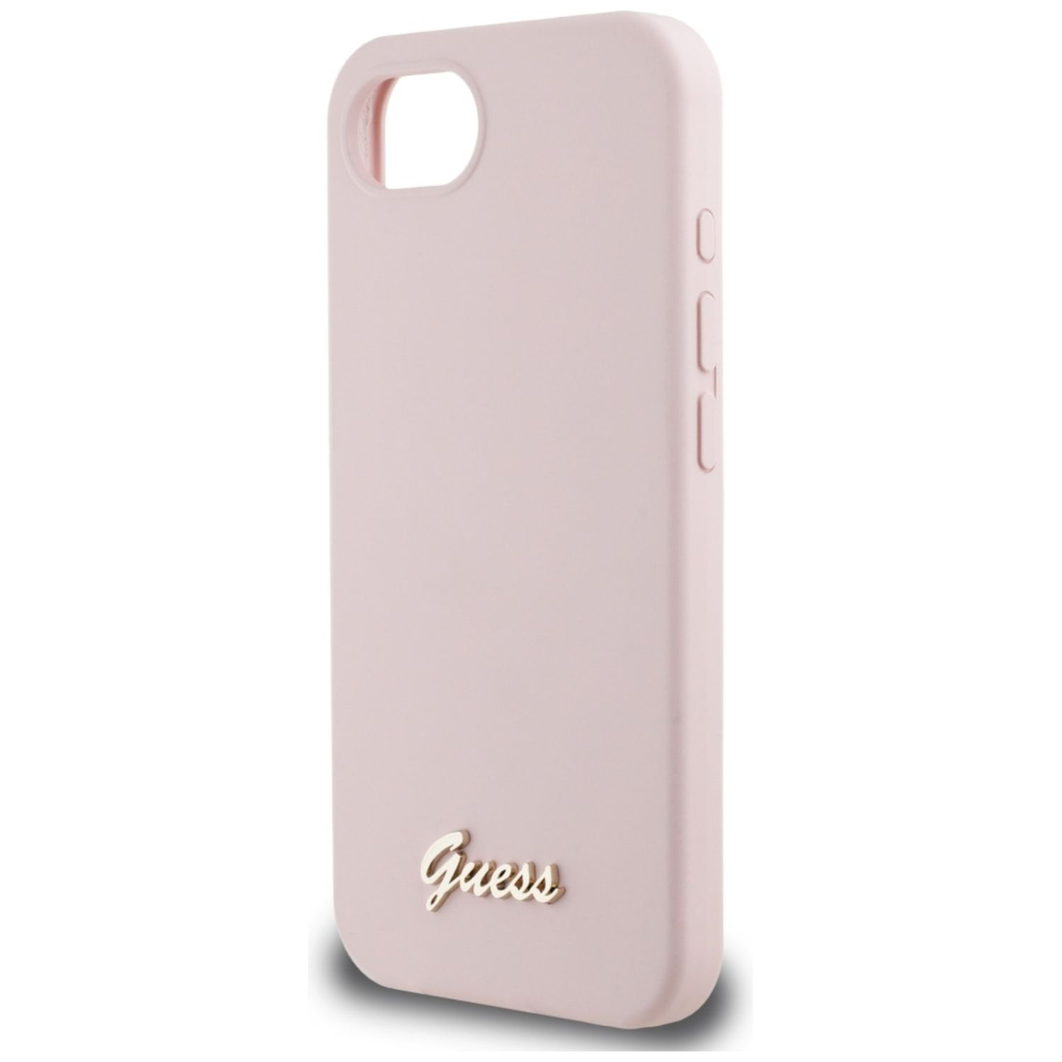 Custodia per telefono rosa con logo Guess dorato. La custodia ha ritagli per la fotocamera e i pulsanti.