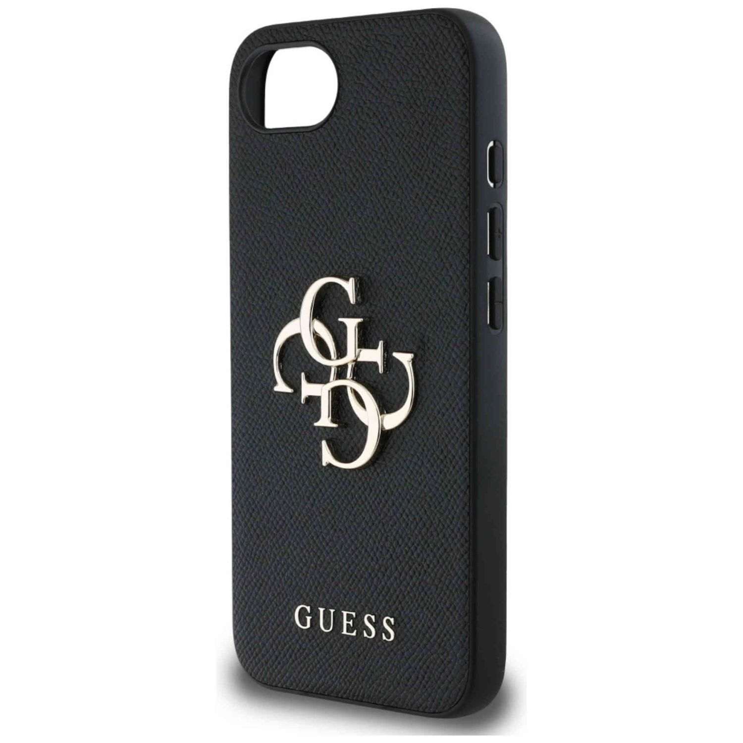 Custodia per telefono nera con logo Guess. Il logo è argentato e il testo Guess si trova in basso.
