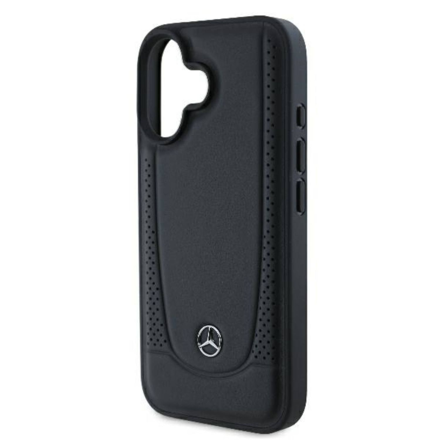 Custodia nera per telefono con logo Mercedes. La custodia ha texture e perforazioni.
