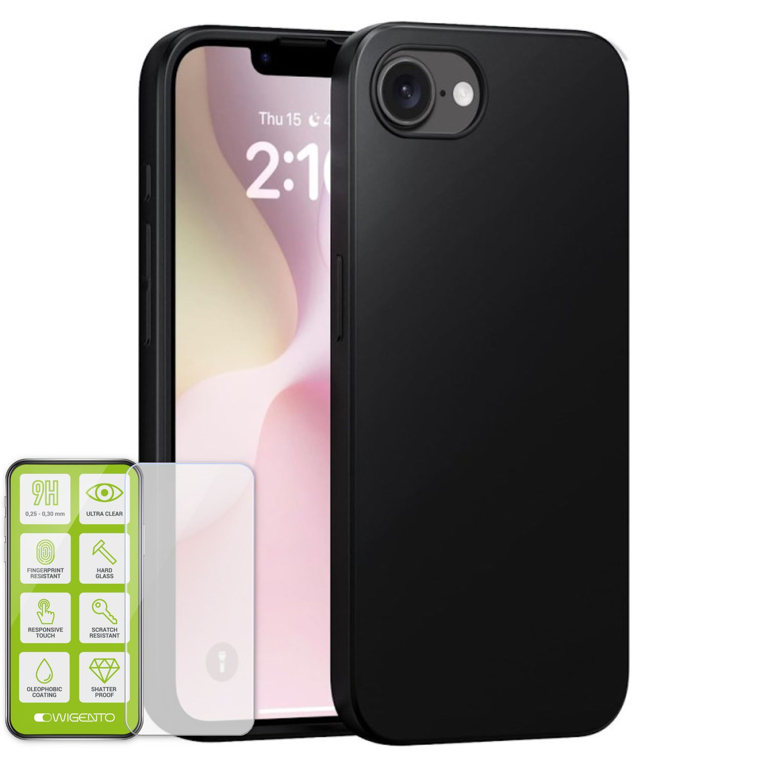 Schwarze Handyhülle, mit Telefon darin und Displayschutz daneben.