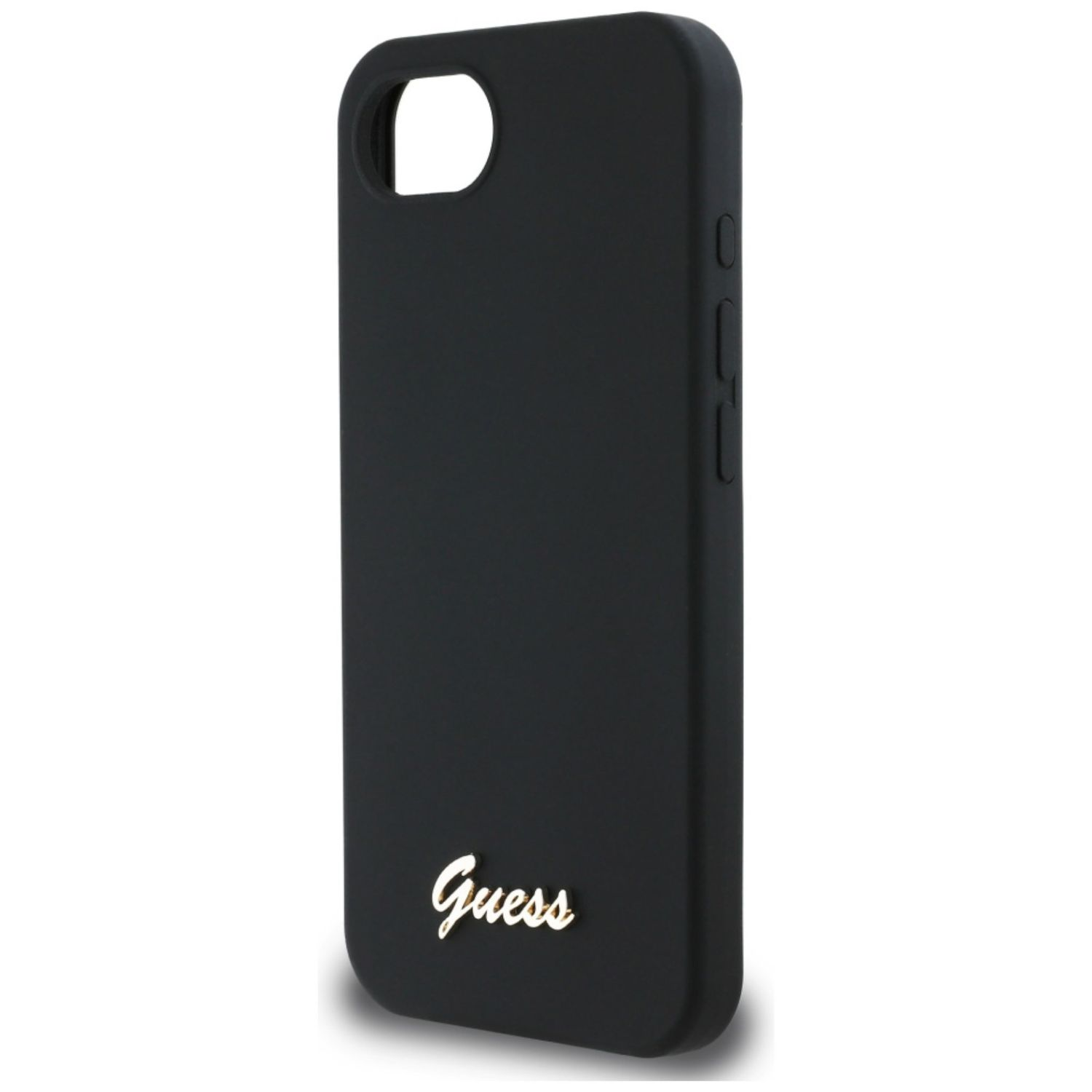Una custodia per telefono nera con la scritta 'Guess' in oro. La custodia ha un ritaglio per la fotocamera.