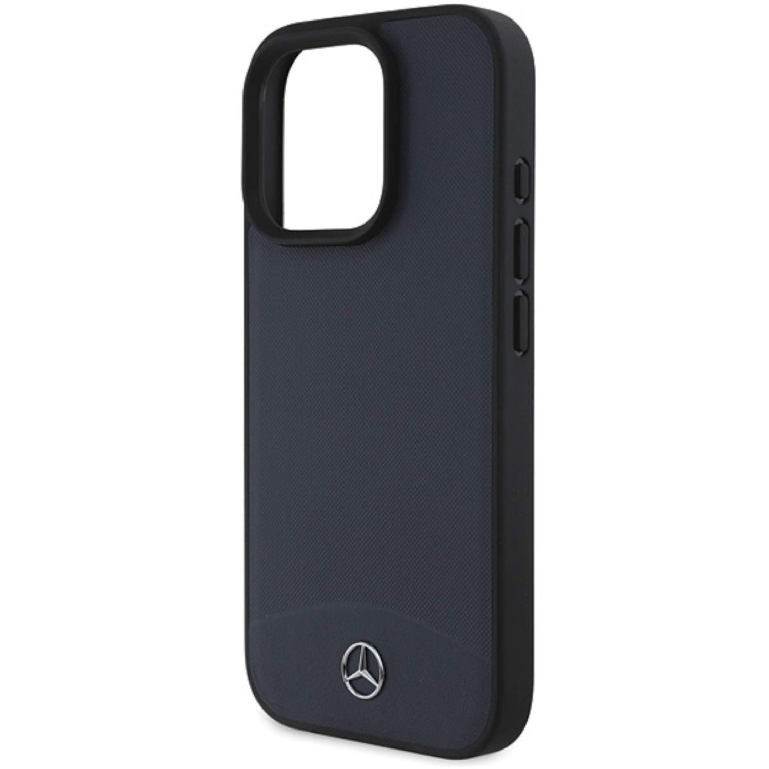 Custodia per telefono blu navy con finiture nere e logo Mercedes. La custodia è su una superficie bianca.