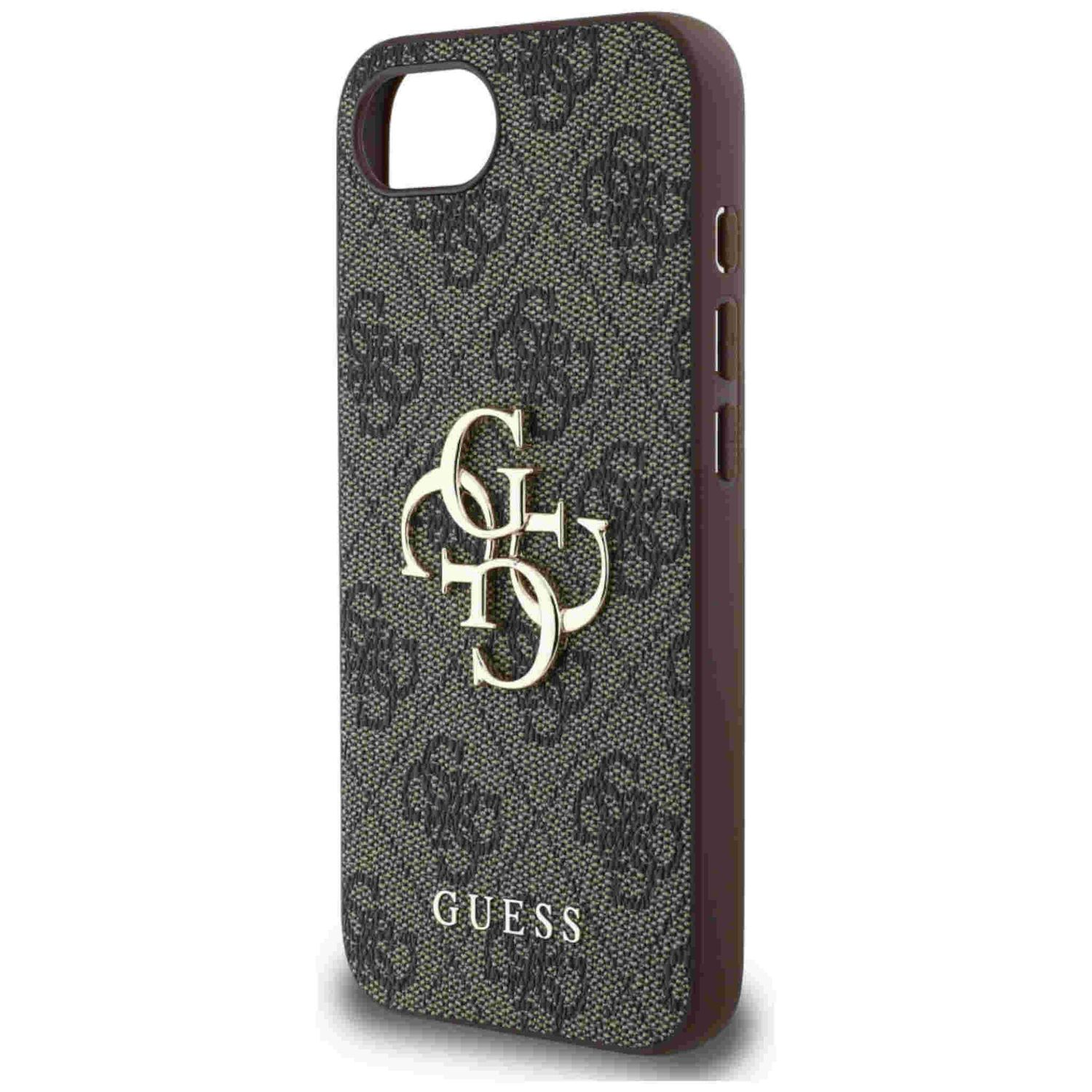 Schwarze Handyhülle mit Guess-Logo und goldenem Emblem über Muster.