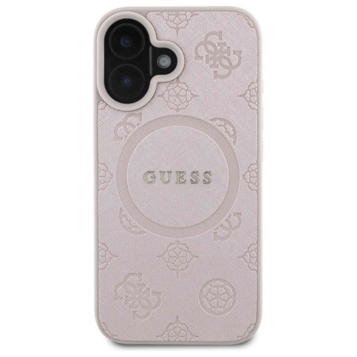 Rosa Guess-Handyhülle mit hellrosa Hintergrund und Guess-Logo in der Mitte.
