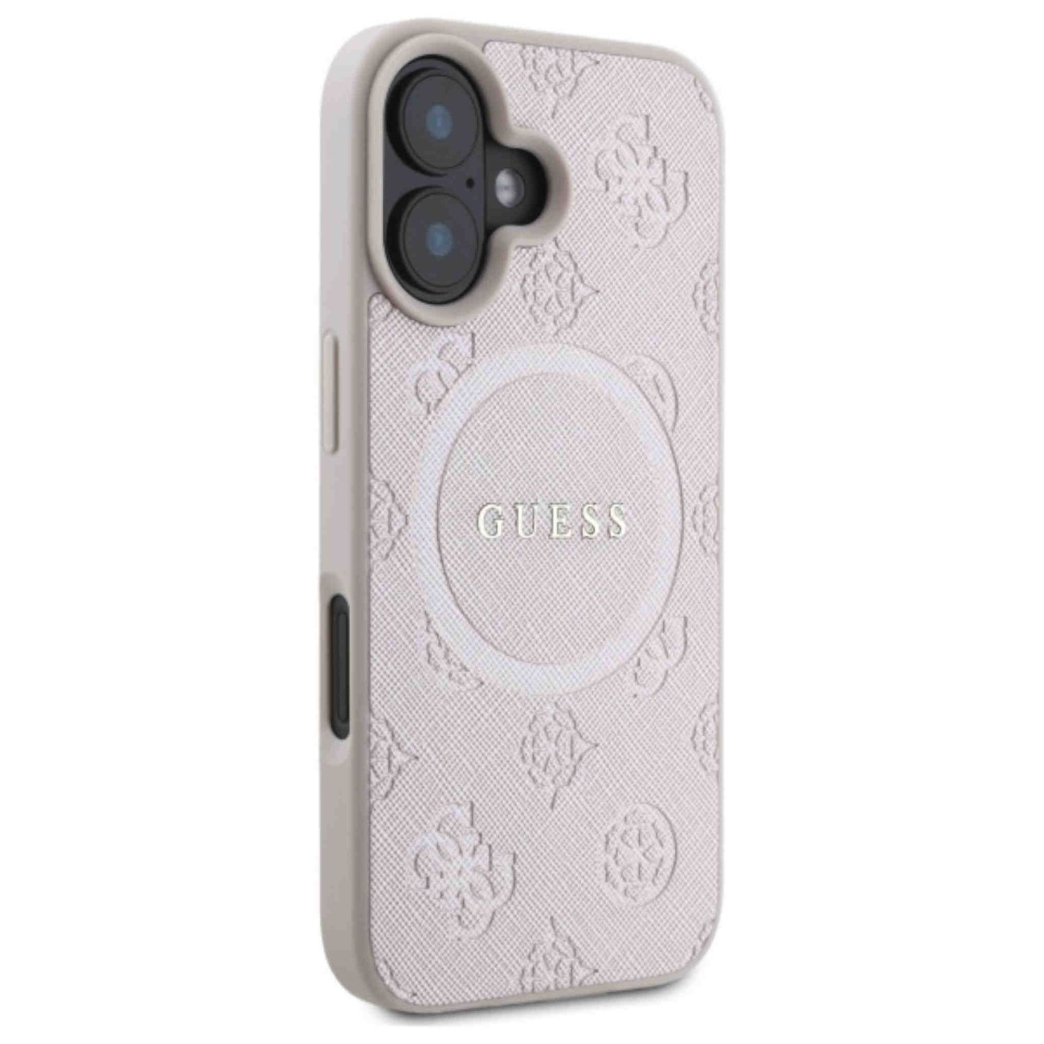 Handyhülle mit Guess-Logo und kreisförmigem MagSafe-Ladegerät. Die Hülle ist mit dem Guess-Logo-Muster strukturiert.
