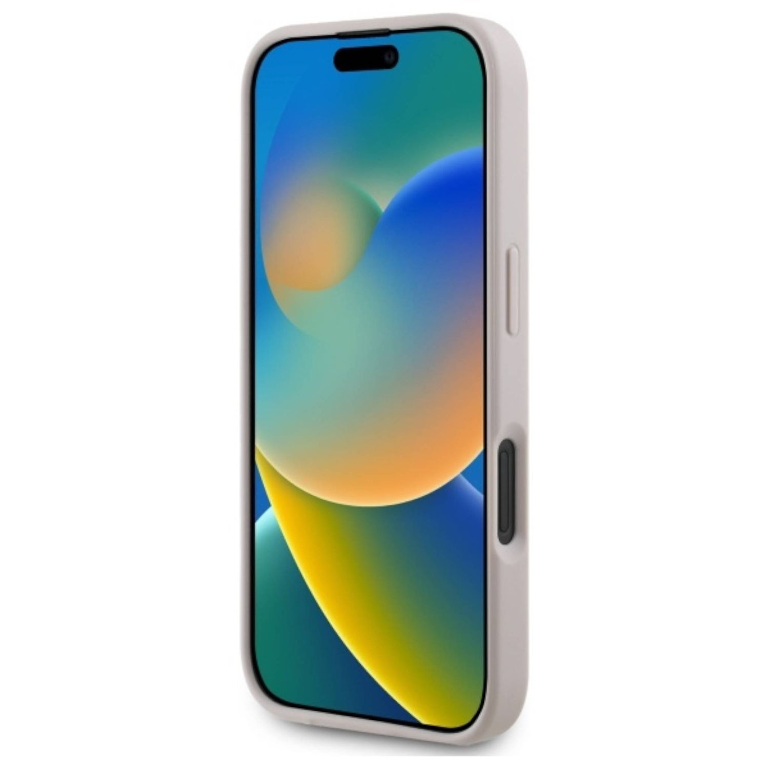 Smartphone in hellem Gehäuse. Das Telefon hat einen großen Bildschirm. Das Gehäuse hat Tasten.