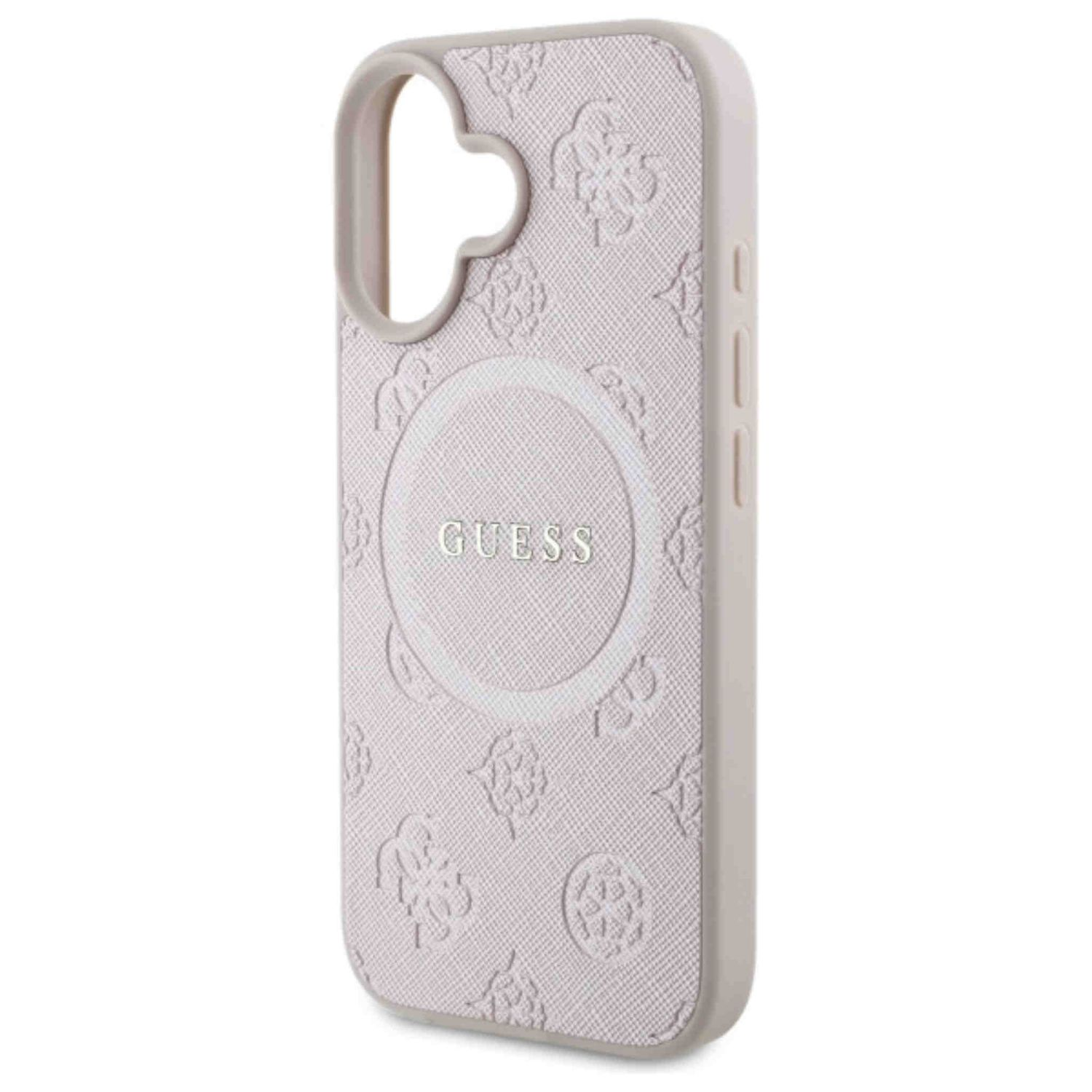 Rosa Handyhülle mit Guess-Logo und floralem Muster.