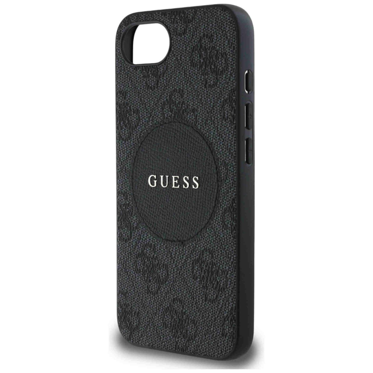Schwarze GUESS-Handyhülle mit rundem Logo. Die Hülle hat ein gemustertes Design und liegt auf einer weißen Oberfläche.
