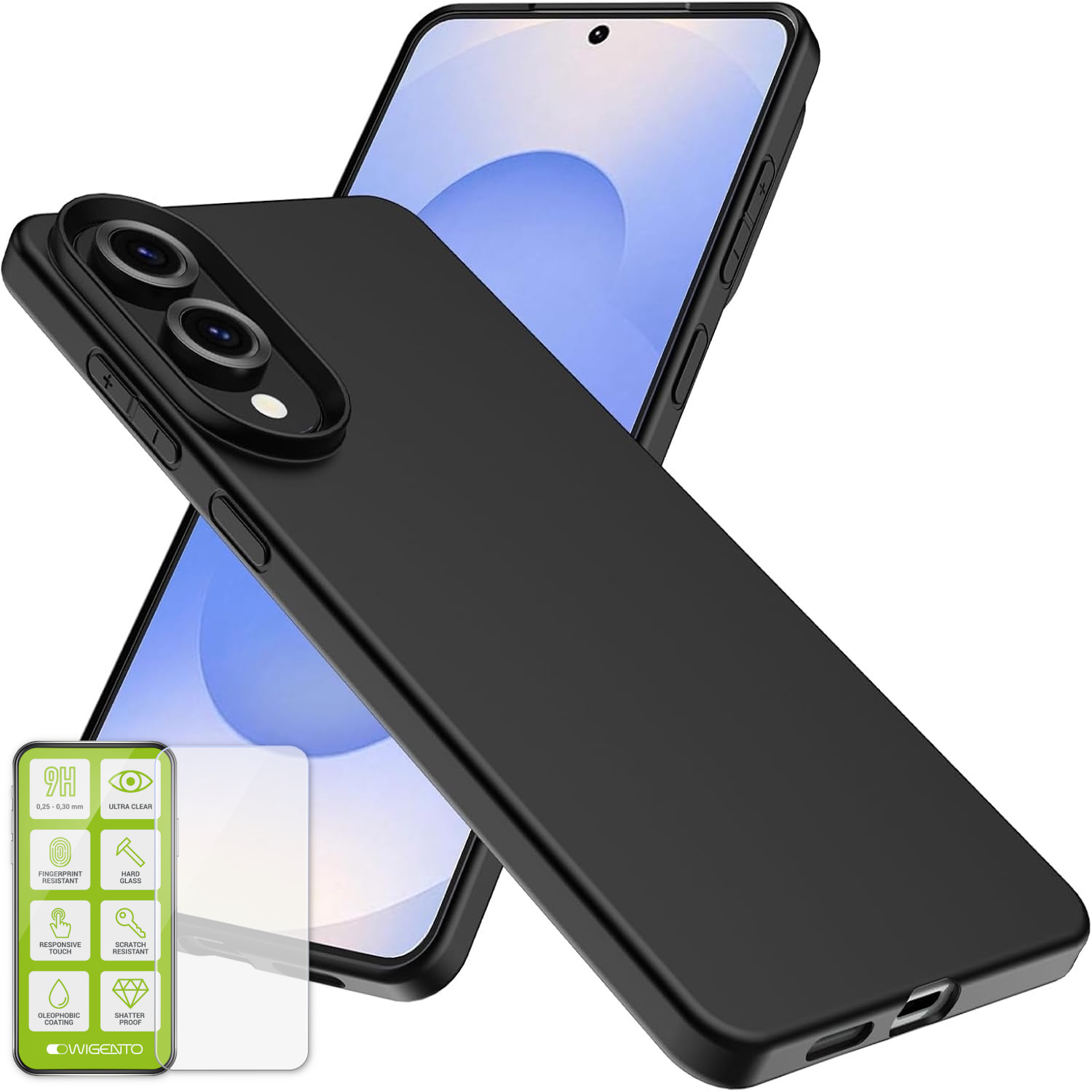 Eine schwarze Handyhülle mit einem Telefon und einem Displayschutz.