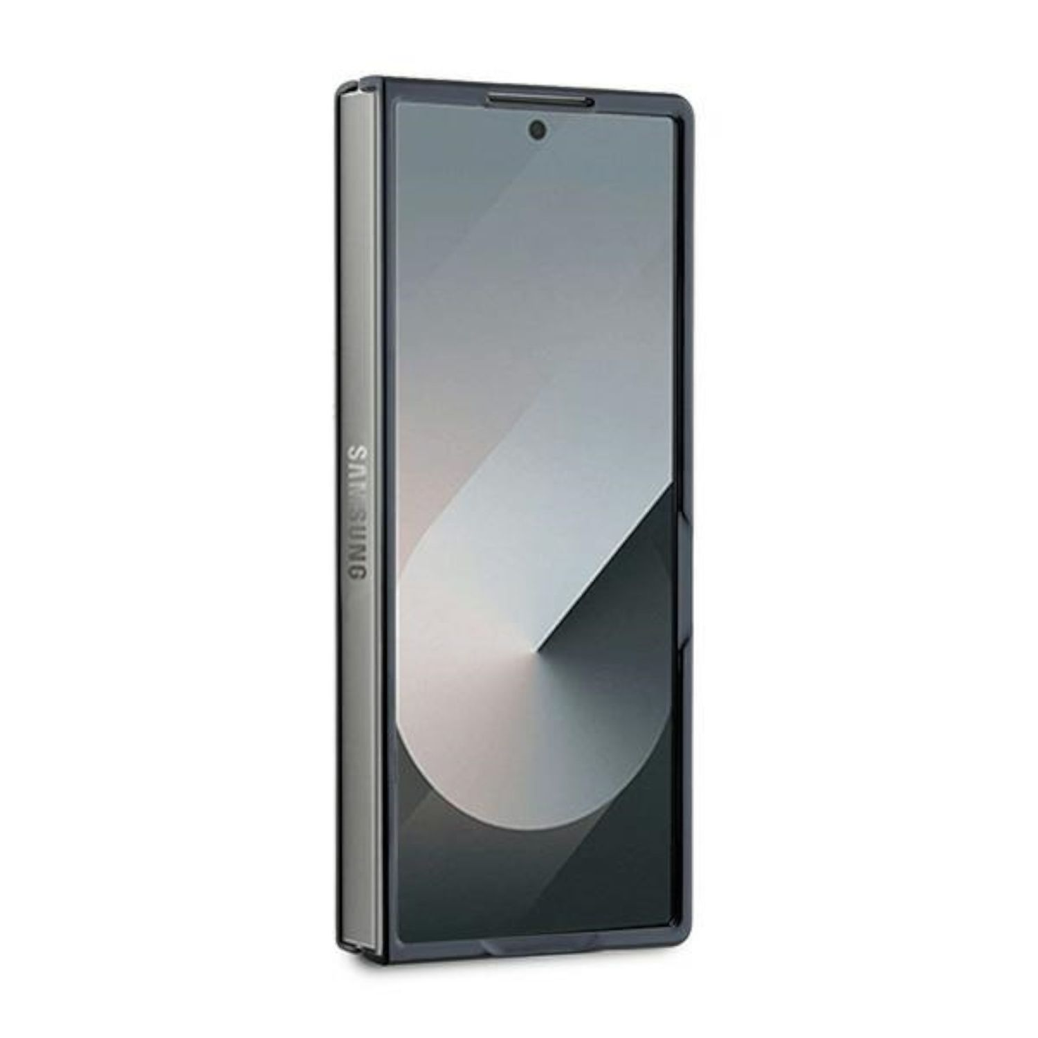 Un telefono pieghevole chiuso in una custodia, che mostra il logo Samsung sul lato.