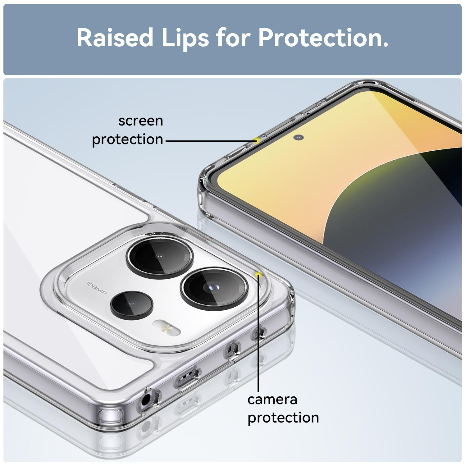Primer plano de una funda transparente para teléfono con protección de cámara y pantalla.