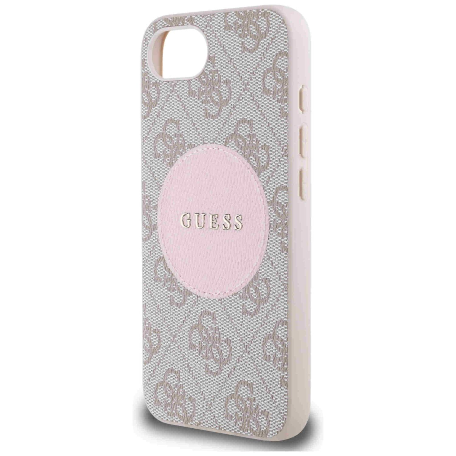 Handyhülle mit Guess-Logo. Rosa Kreis auf gemustertem Hintergrund. Weiße und rosa Farben.