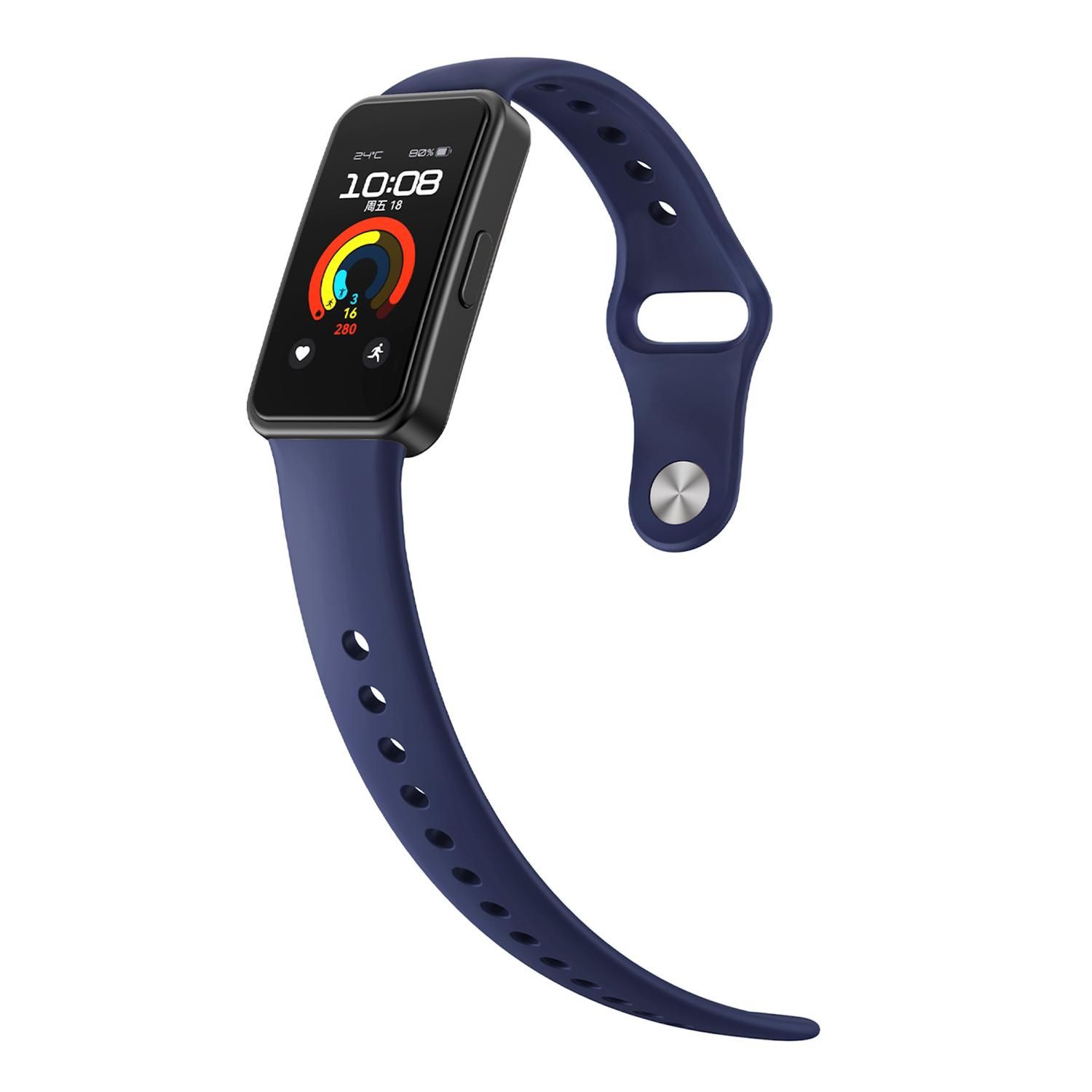 Smartwatch mit schwarzem Bildschirm und blauem Armband, zeigt Zeit und Statistiken.
