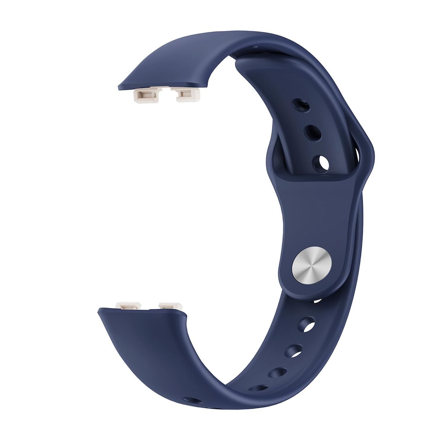 Ein blaues Silikon-Uhrenarmband, mit sichtbaren Anschlüssen an den Enden.
