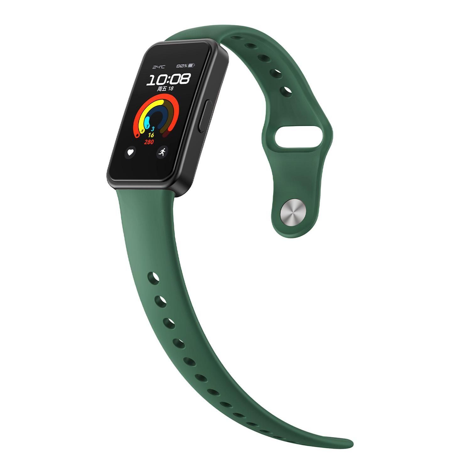 Grüne Smartwatch mit grünem Armband. Die Uhr zeigt Zeit- und Gesundheitsdaten an. Isoliert auf weißem Hintergrund.