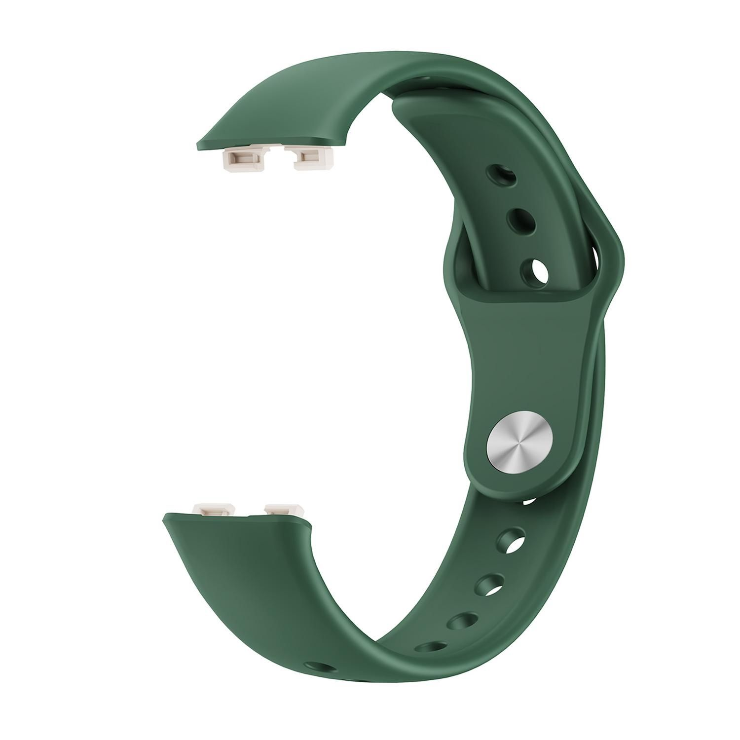 Grünes Silikon-Uhrenarmband mit weißen Steckern.
