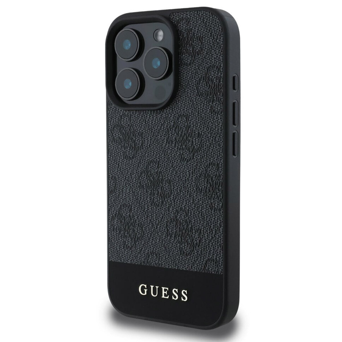 Schwarze Handyhülle mit Guess-Logo. Schwarzer Kamerabereich. Hülle auf weißem Hintergrund.