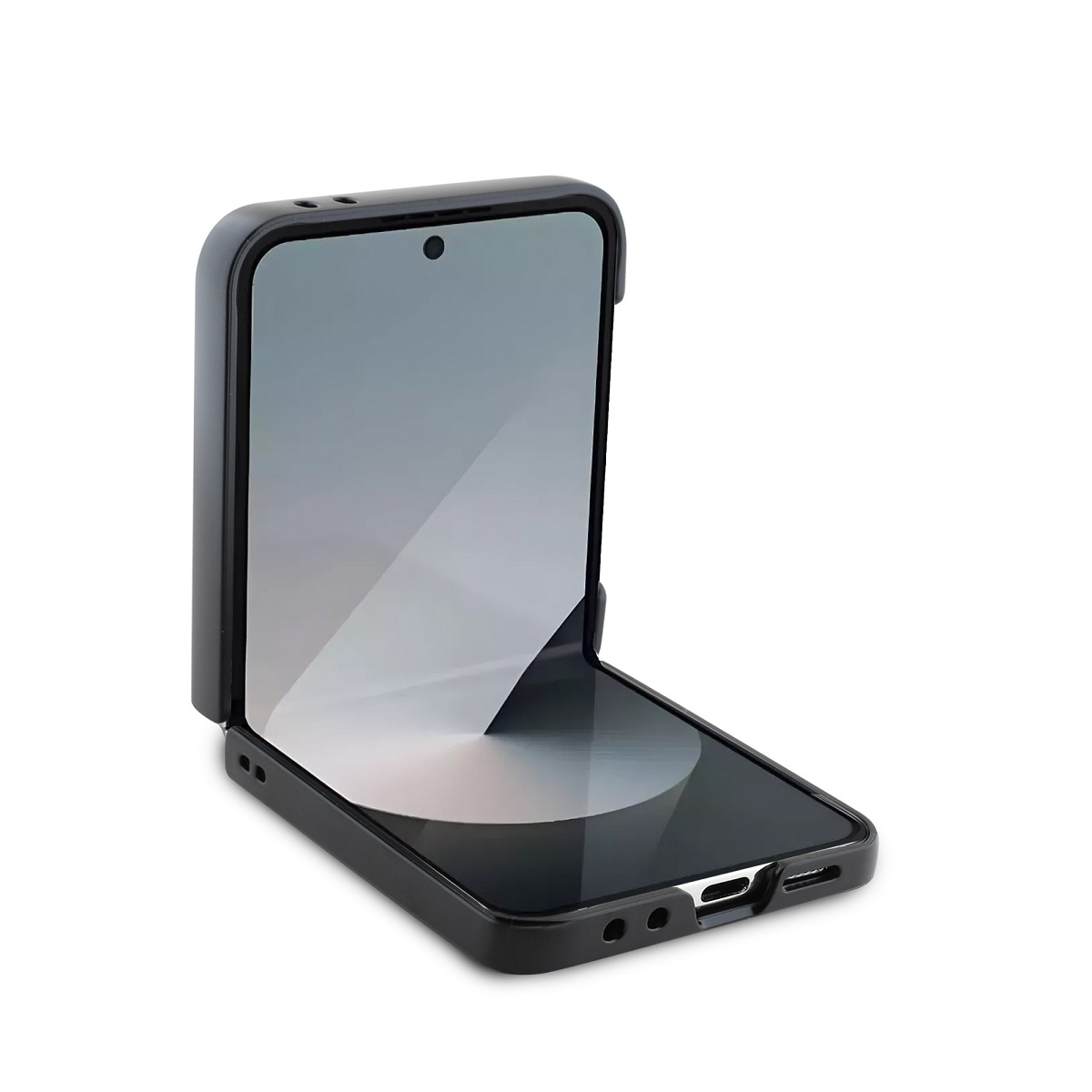 Telefono pieghevole nero. Telefono parzialmente aperto su sfondo bianco.