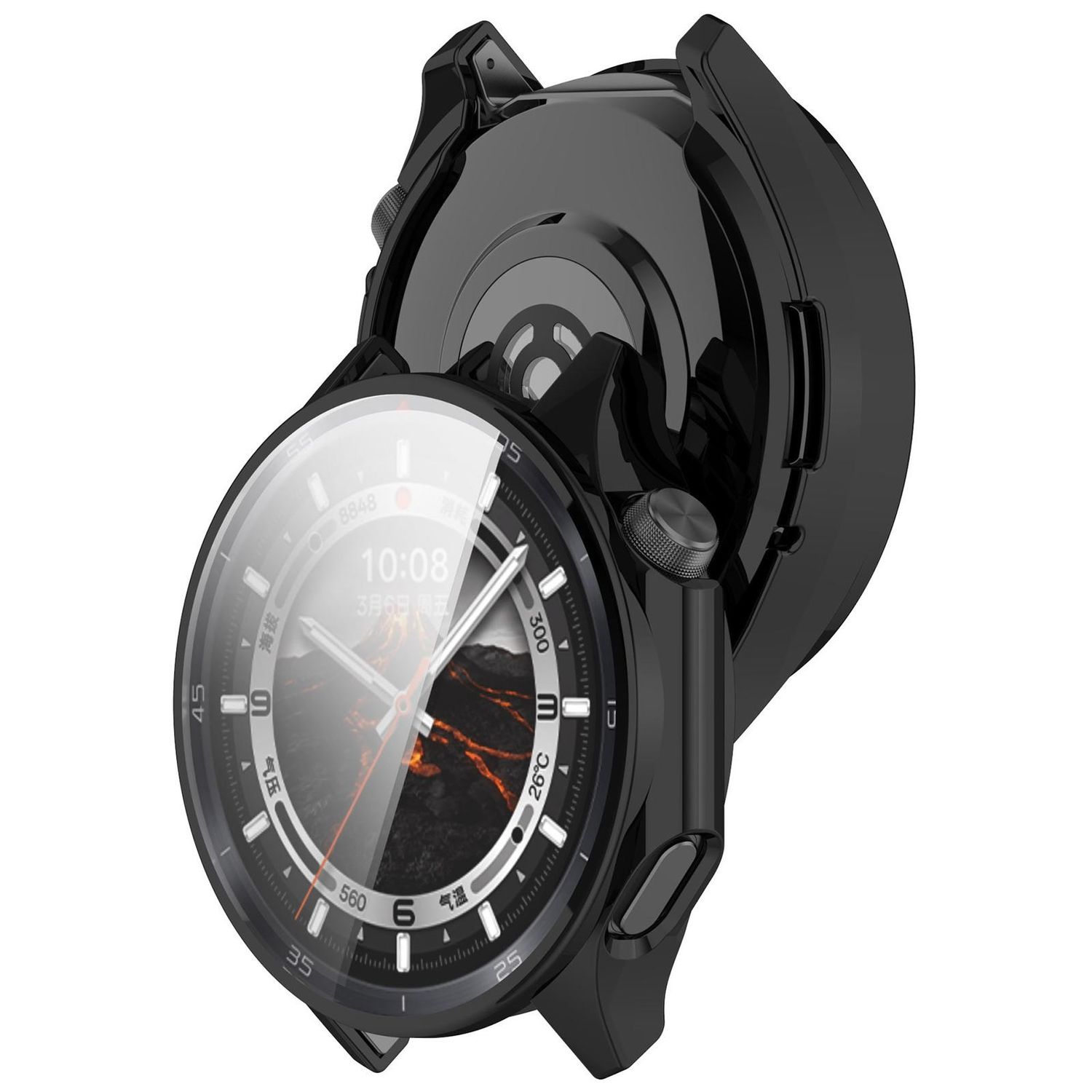 Schwarze Smartwatch mit Bildschirm, mit Gehäuse.