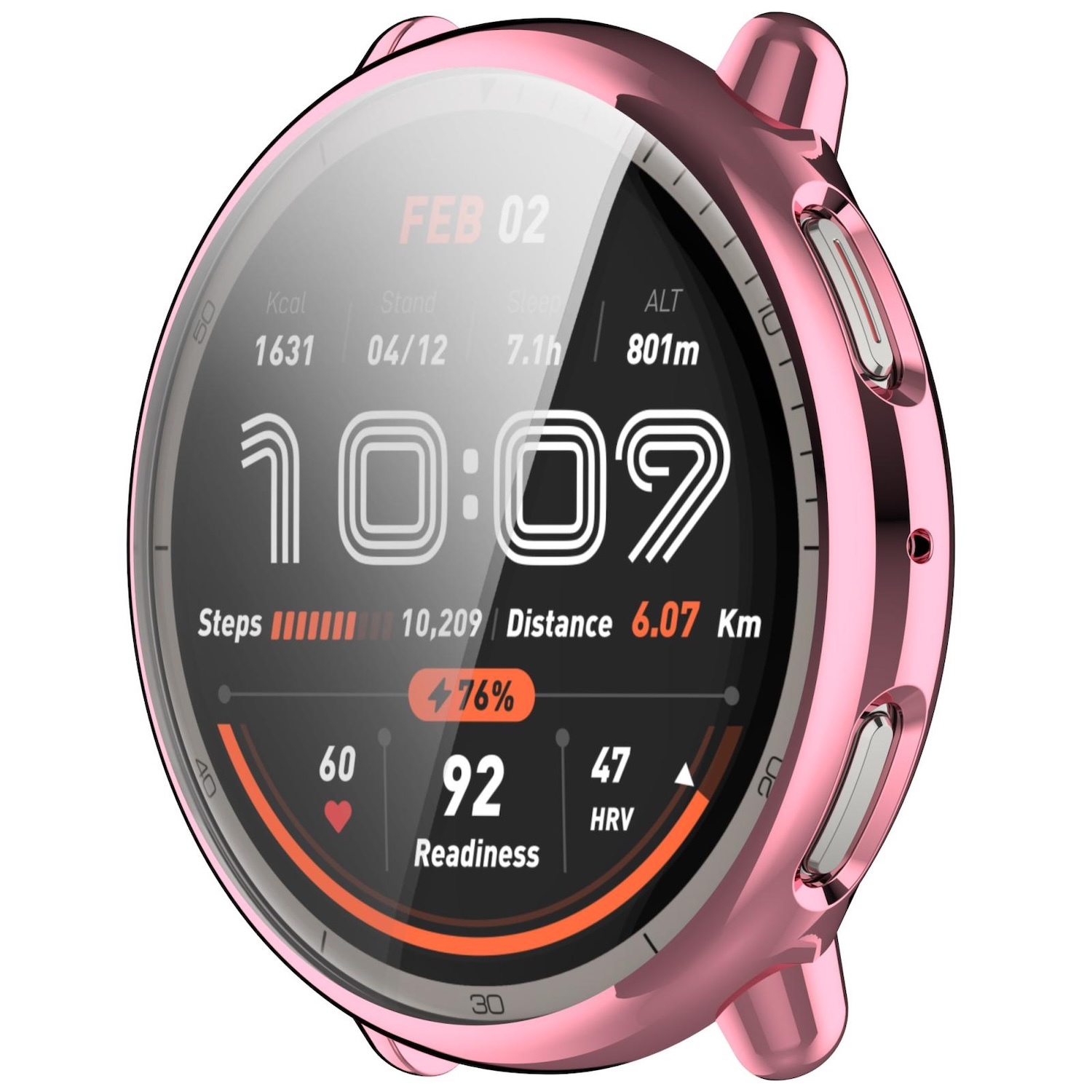 Smartwatch mit Metriken: Zeit, Schritte, Distanz, Herzfrequenz und Bereitschaft. Rosa Gehäuse mit Seitentasten.