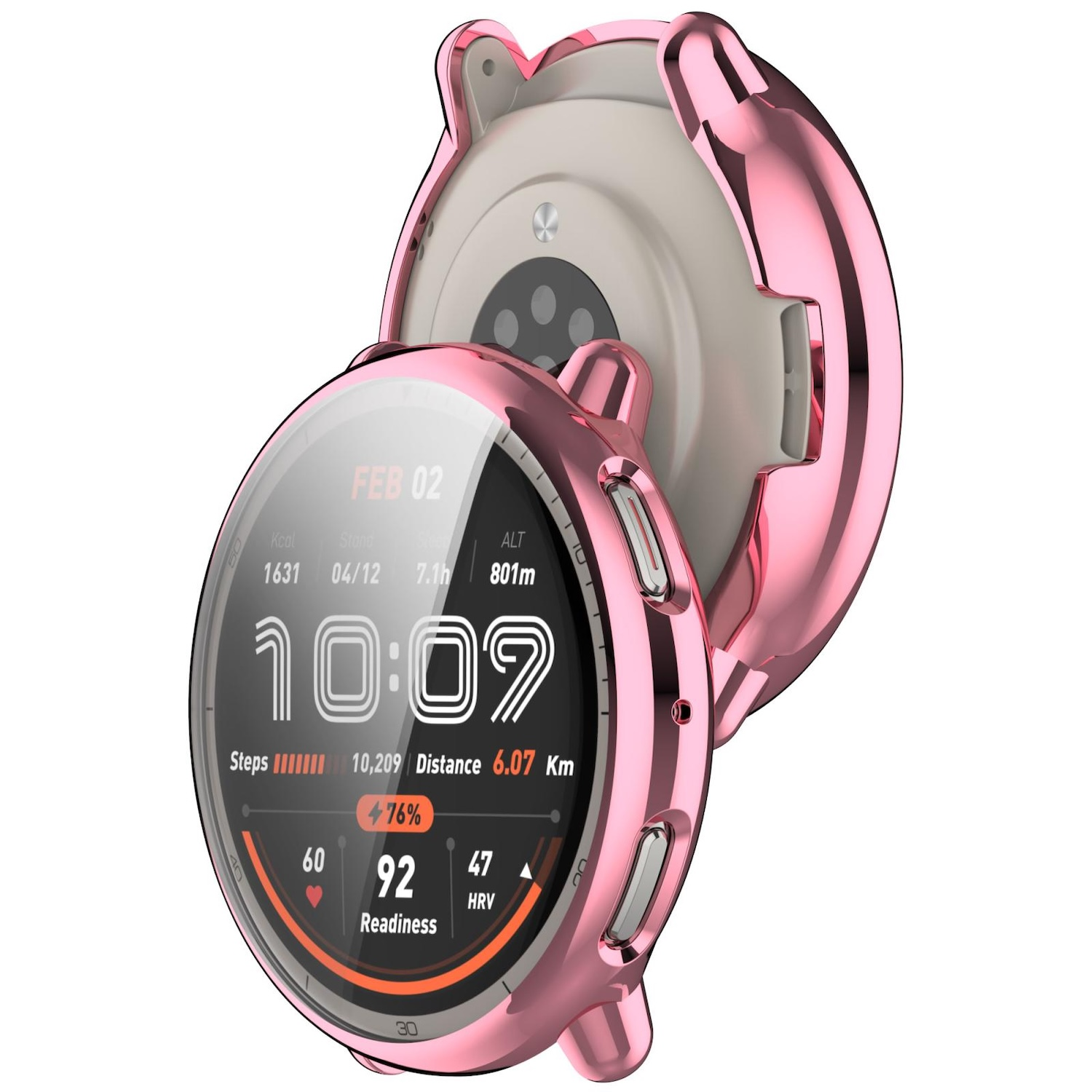 Rosa Smartwatch, das Zeit und Gesundheitsdaten anzeigt. Gehäuse ist geöffnet, Innenansicht. Weißer Hintergrund.