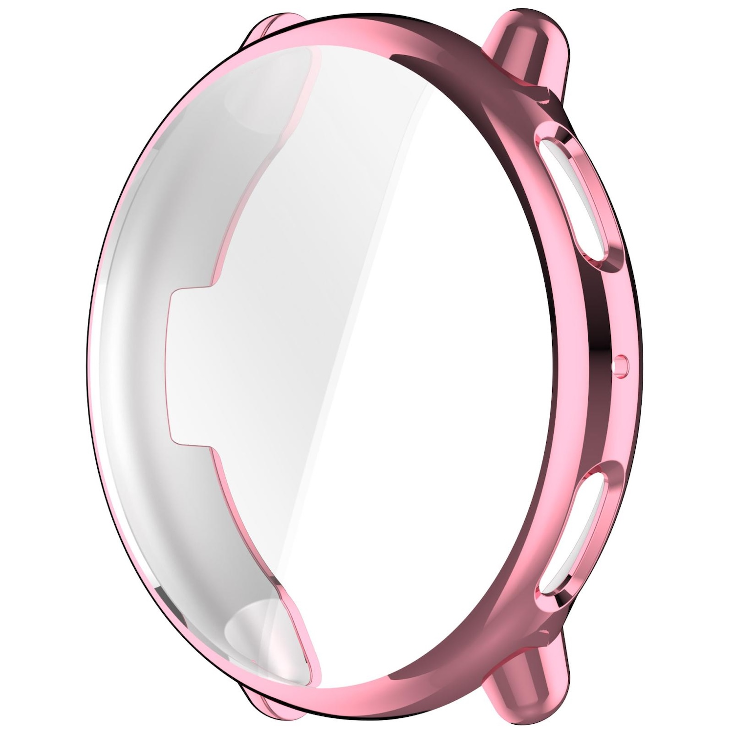Rosa Smartwatch-Gehäuse mit transparentem Displayschutz. Das Gehäuse ist rund und hat drei Vorsprünge.