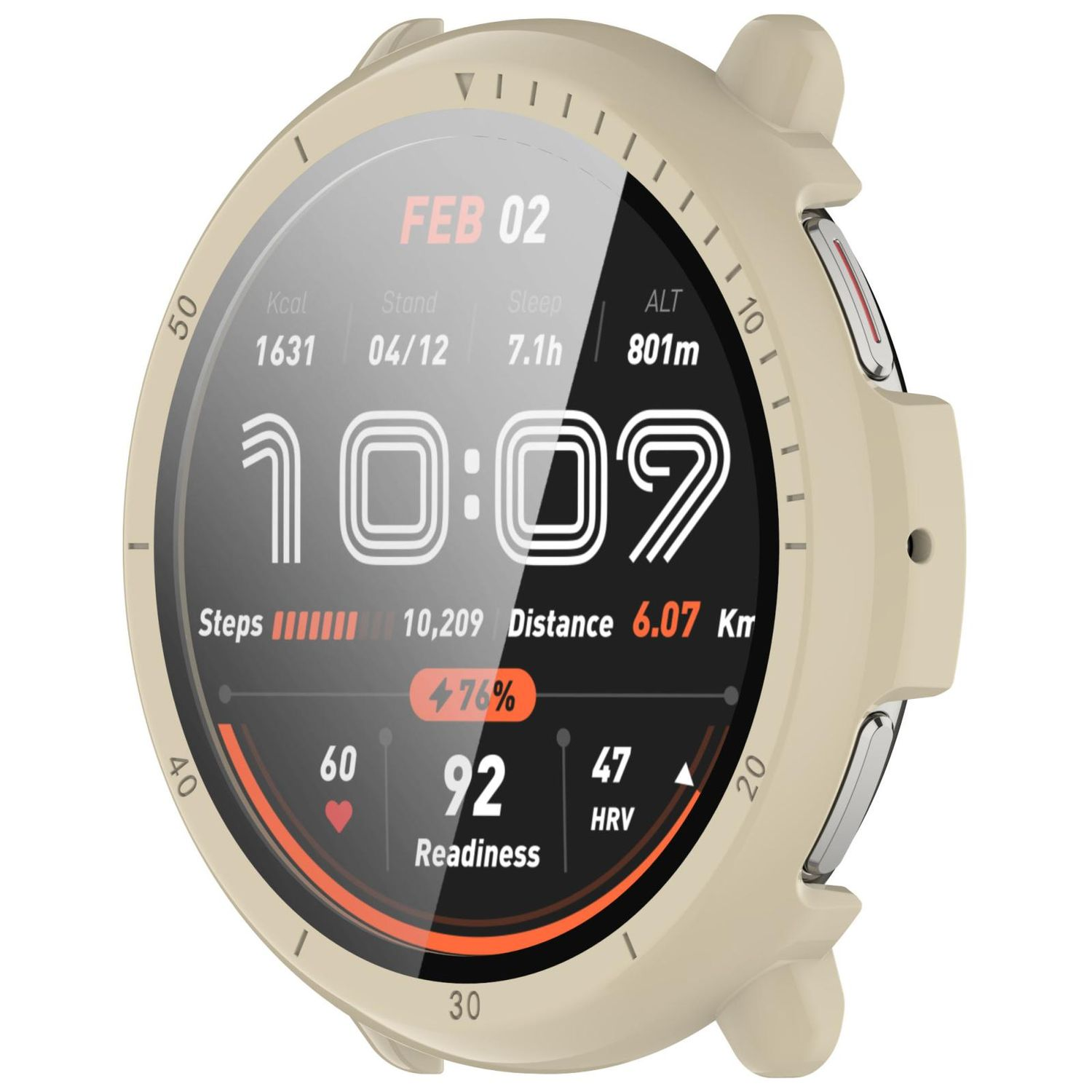 Smartwatch che mostra tempo e metriche di salute. Beige con lunetta bianca.