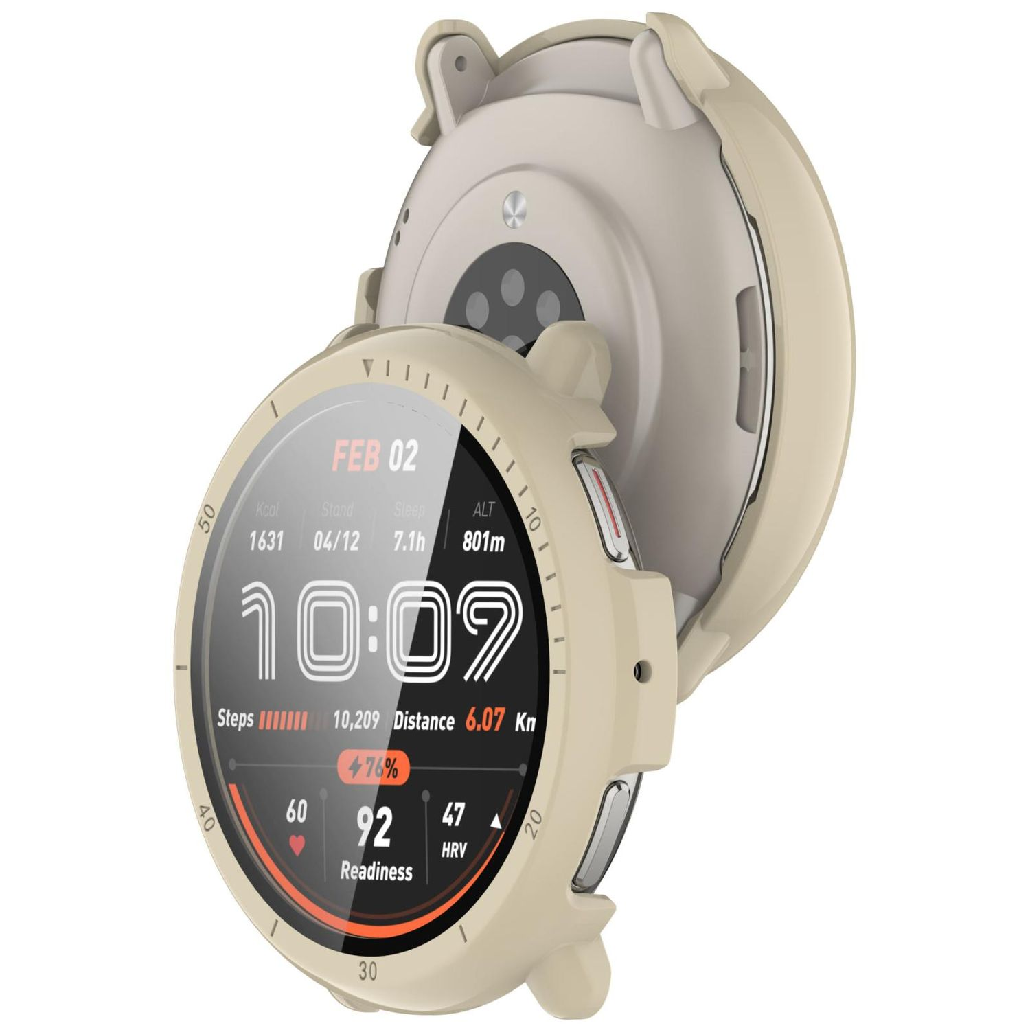 Cassa dell'orologio con display digitale che mostra ora, passi, distanza e prontezza.