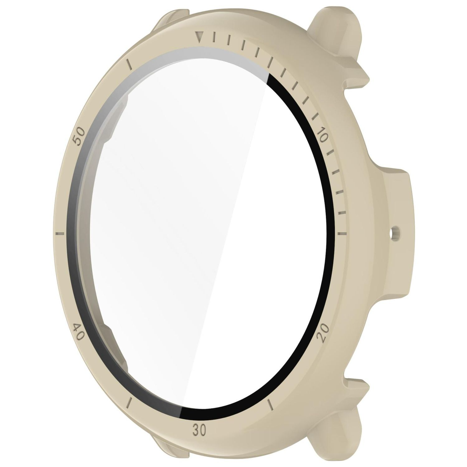 Ghiera dell'orologio beige con numeri e indicatori. Ha un vetro trasparente al centro.