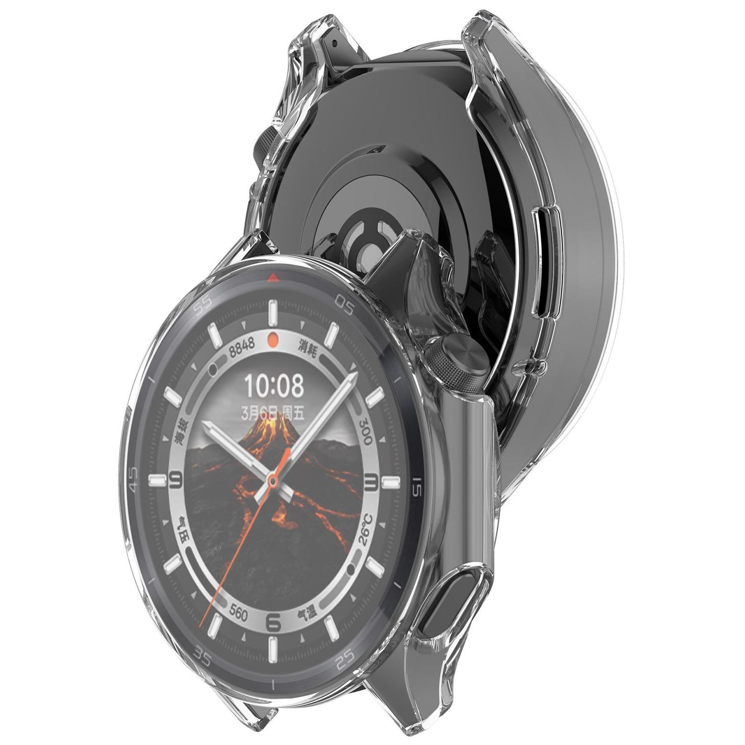 Custodia trasparente per orologio. L'orologio mostra l'ora. Quadrante nero. Plastica trasparente.
