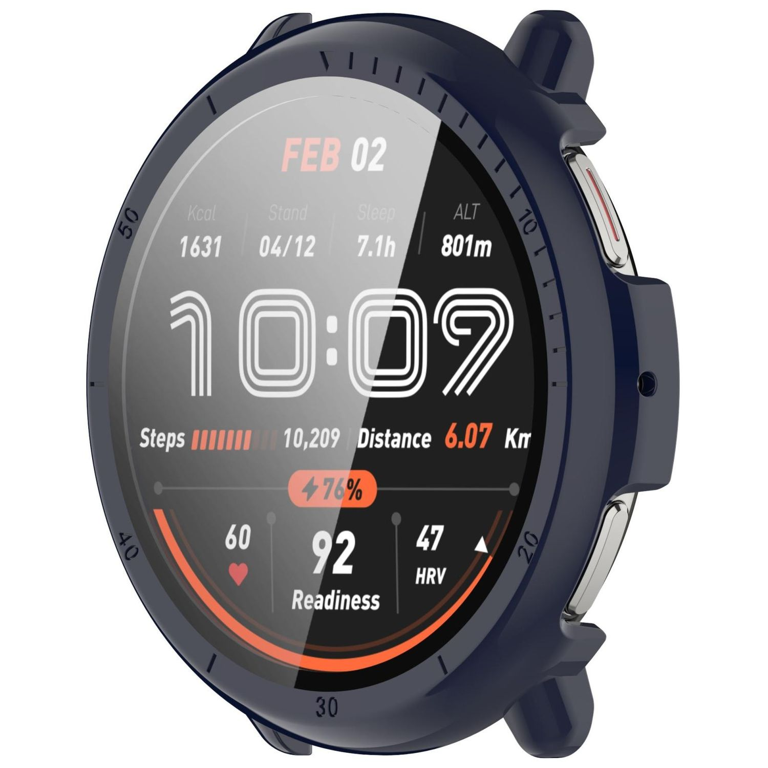 Smartwatch mit digitaler Anzeige, die Zeit, Schritte und Gesundheitsmetriken anzeigt. Dunkelblaues Uhrengehäuse.