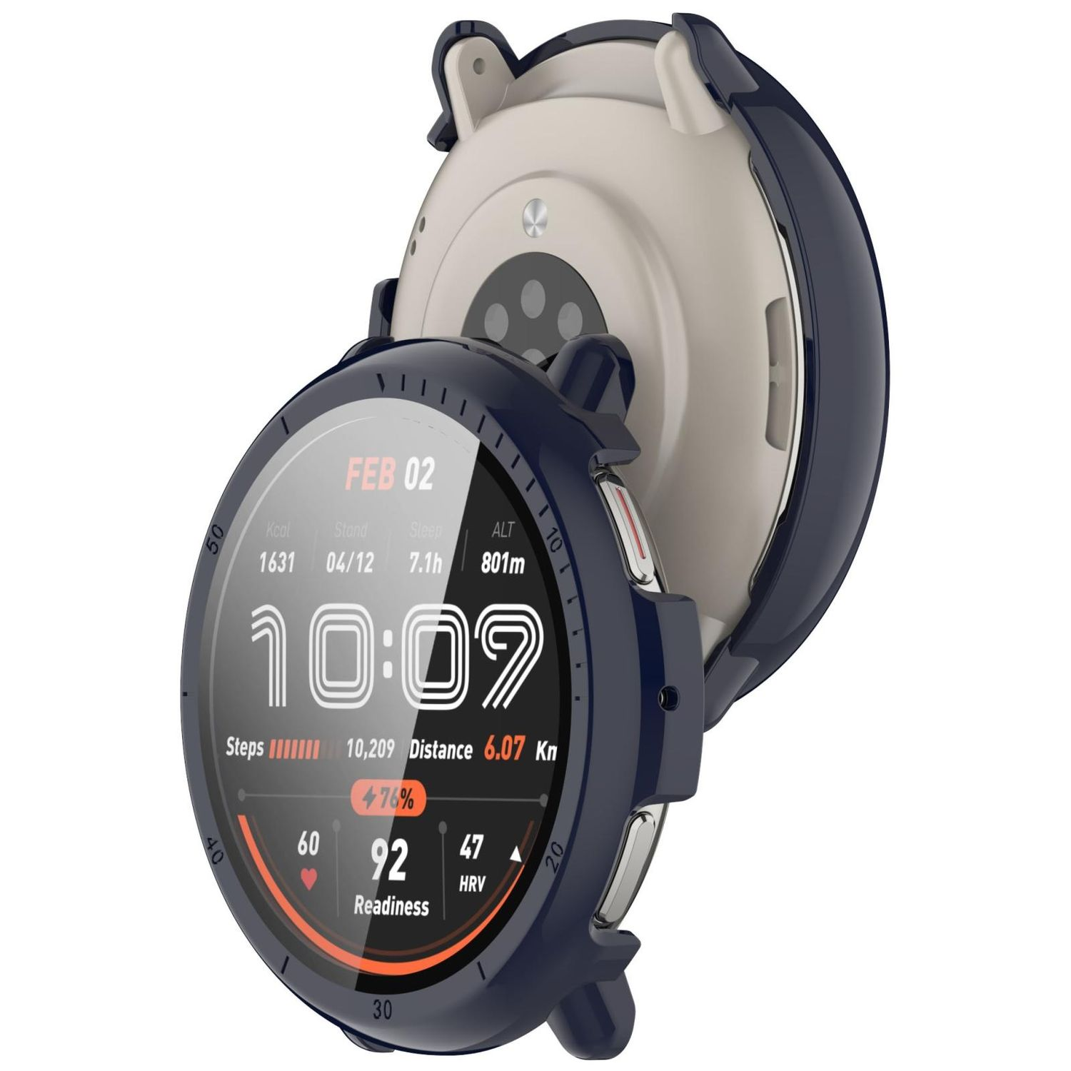 Eine marineblaue Smartwatch-Abdeckung und -Uhr. Die Uhr zeigt Zeit, Schritte, Bereitschaft und andere Daten.
