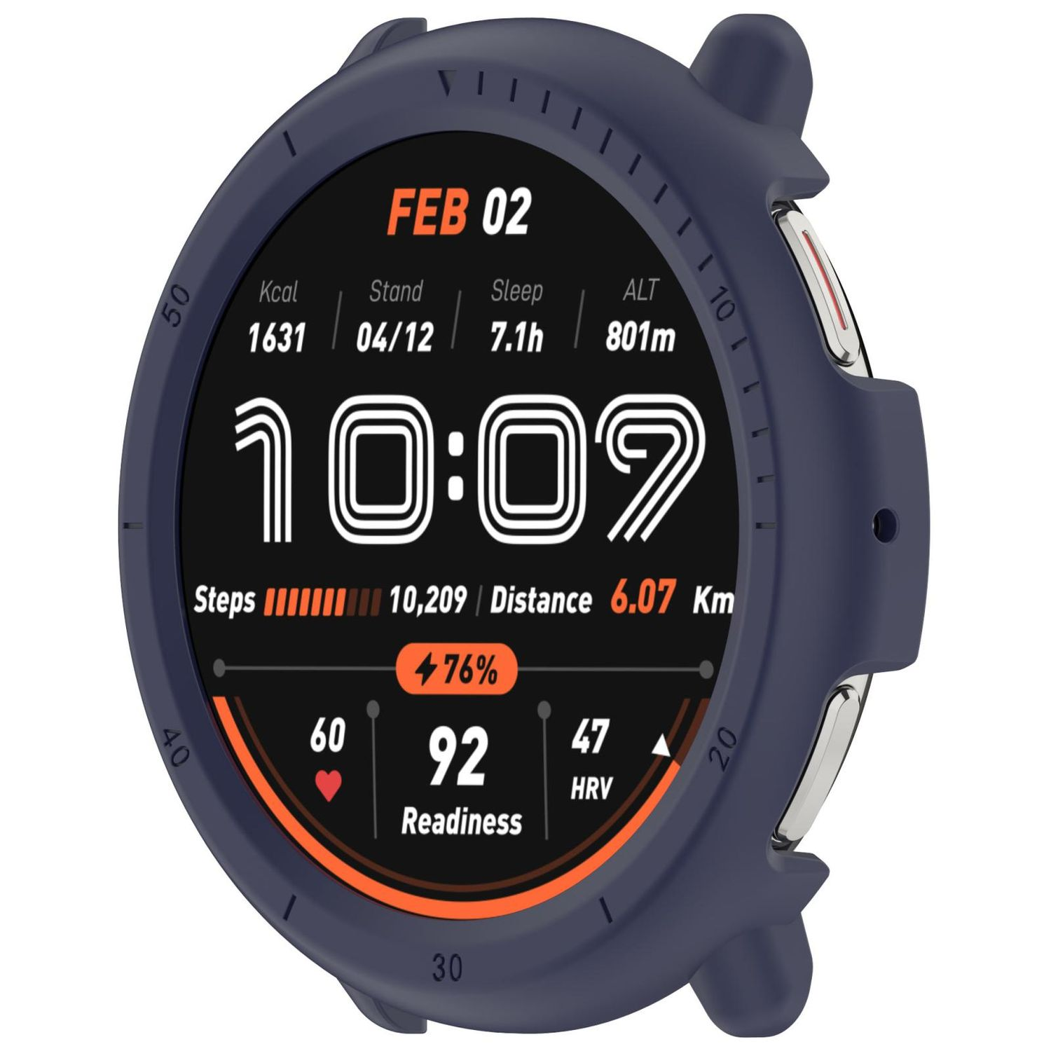 Smartwatch-Bildschirm mit Gesundheitsdaten: Schritte, Herzfrequenz, Bereitschaft und Uhrzeit.