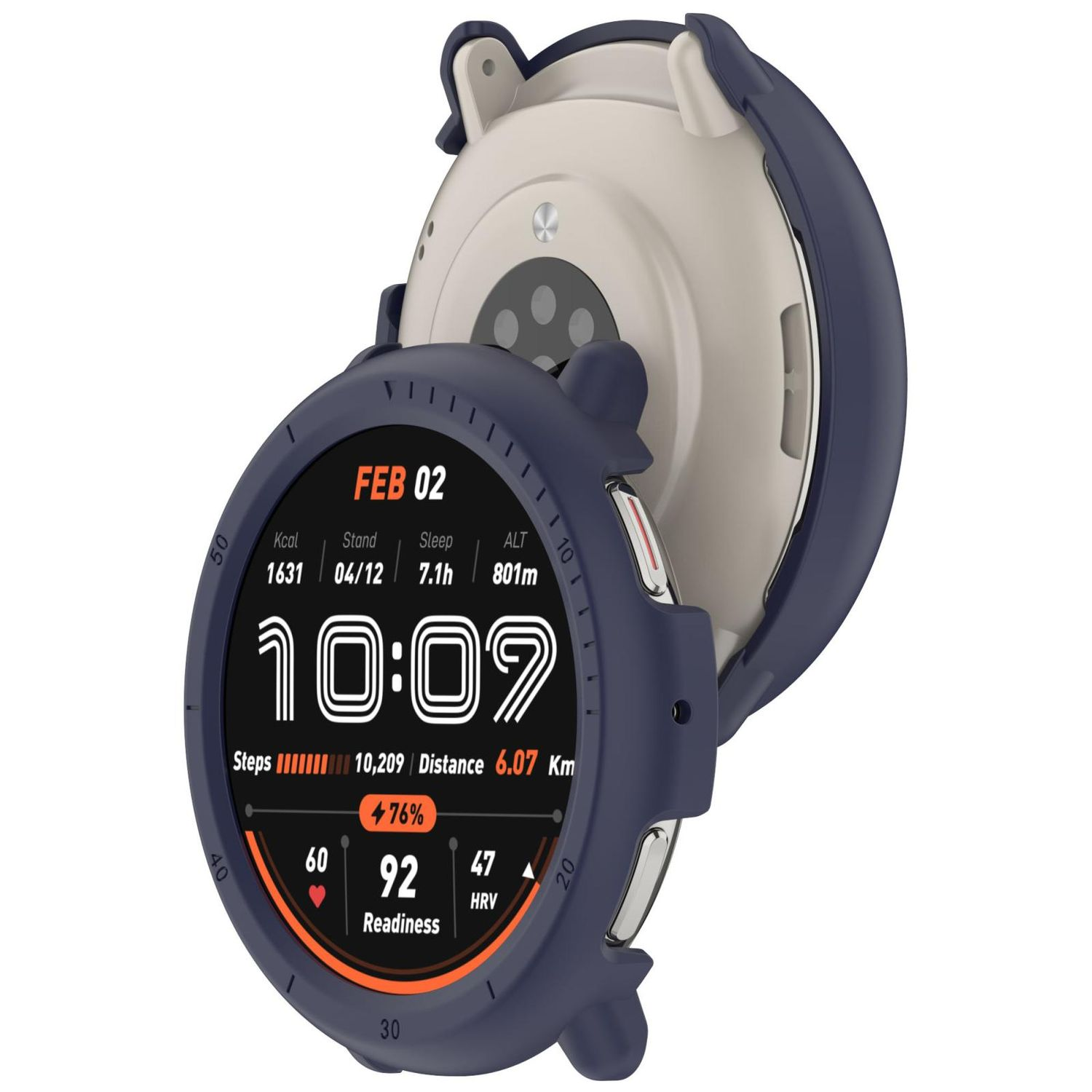 Smartwatch mit marineblauem Gehäuse und weißem Innenraum. Zeigt Zeit und Gesundheitsdaten an.