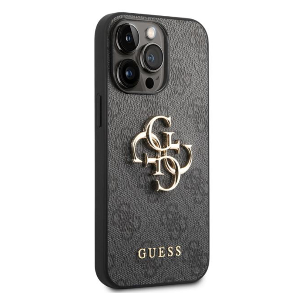 Schwarze Guess-Handyhülle mit goldenem Logo und Kameralinsen.
