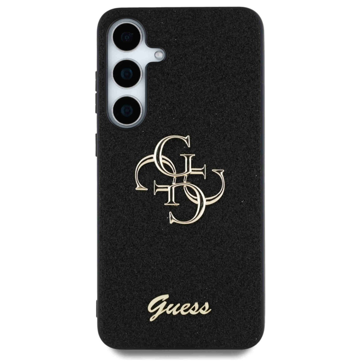Custodia per telefono Guess nera con logo Guess dorato sul retro, un primo piano.