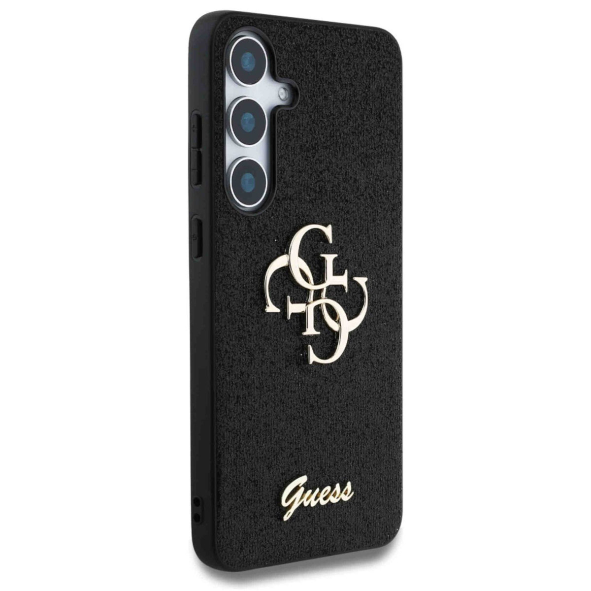 Custodia nera Guess. Logo Guess dorato e tripla fotocamera.