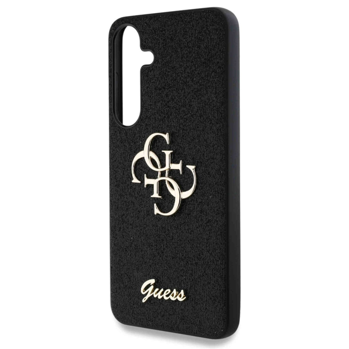 Custodia per telefono nera con logo Guess dorato. Superficie strutturata. Sfondo bianco.