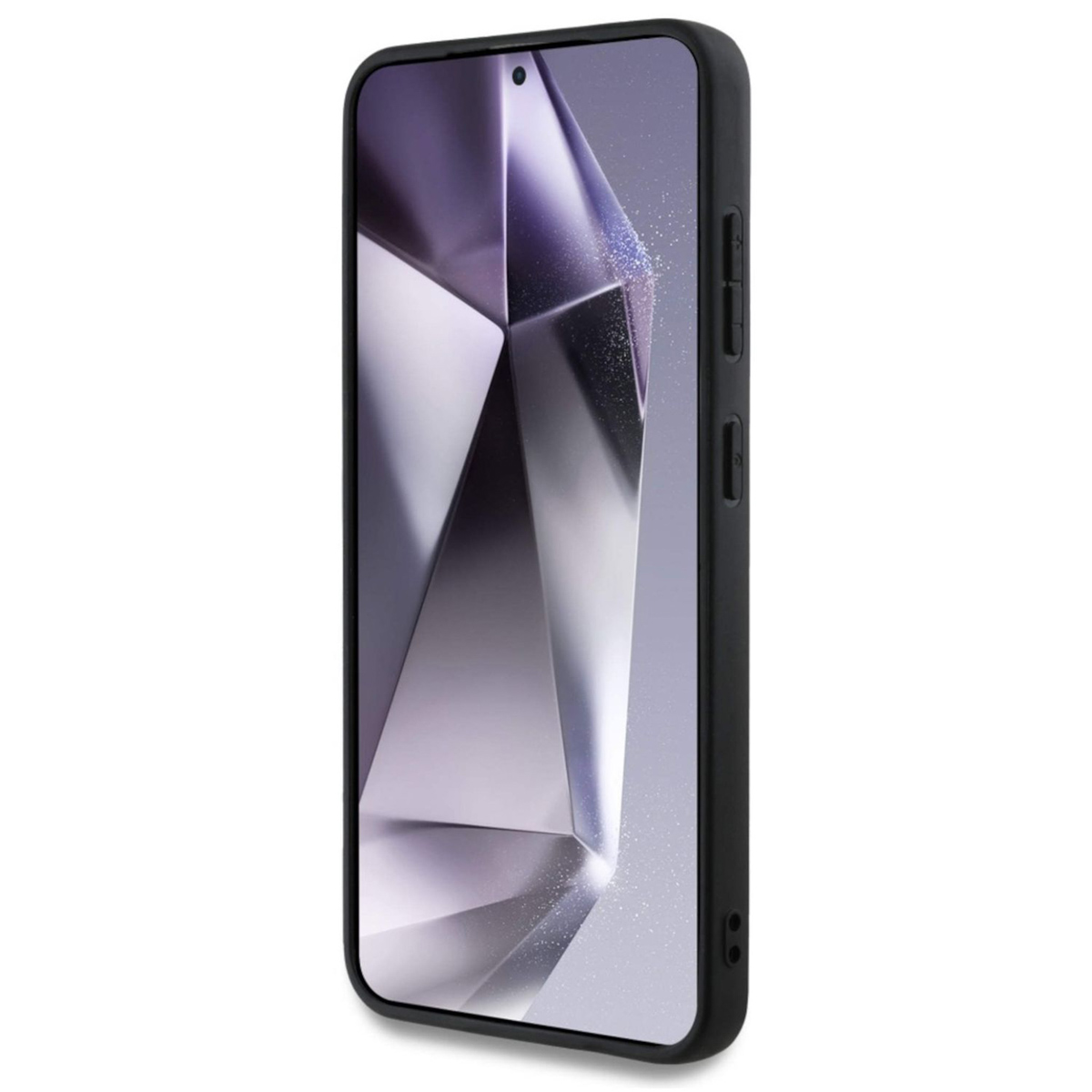 Czarna obudowa telefonu z profilem bocznym. Tył ma geometryczny wzór.