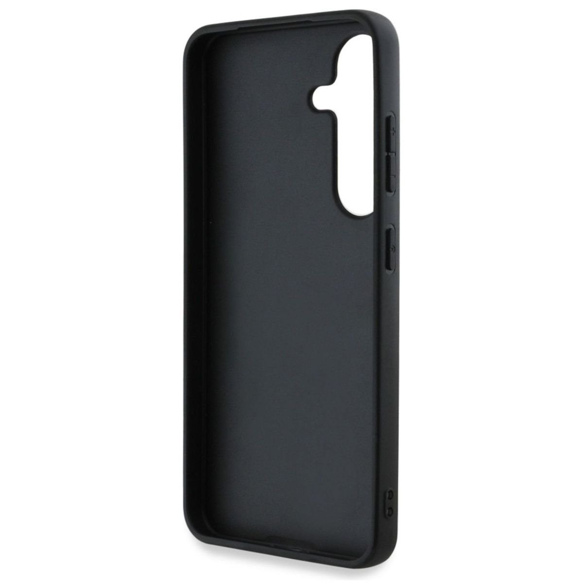 Czarne etui na telefon z wycięciami na aparat i przyciski, widok z boku.