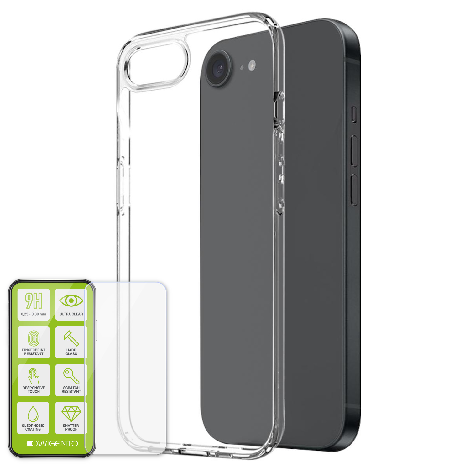 Transparente Handyhülle und Displayschutzfolie mit Telefon. Verpackung zeigt Fingerabdruck- und Kratzfestigkeit.