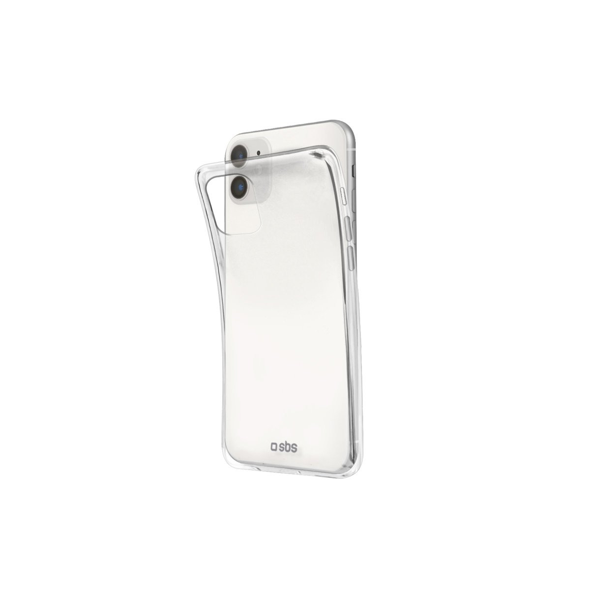 Funda transparente en un teléfono. El teléfono tiene una cámara. Fondo blanco.